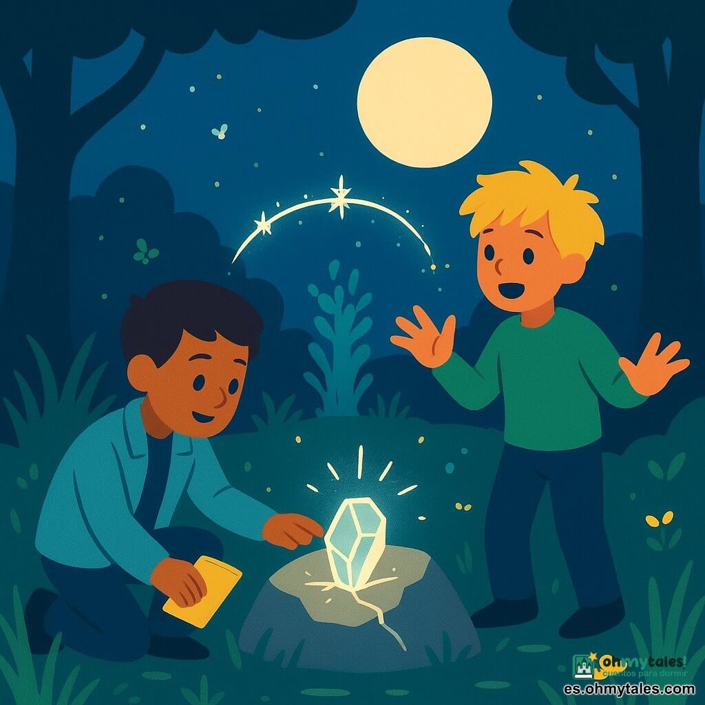 Hay dos niños: Mateo, de 8 años, pelo castaño corto, chaqueta azul claro y libreta en la mano, arrodillado junto a una gran piedra brillante, tendiendo la mano hacia un trozo de espejo luminoso sobre la roca (izquierda); Lucas, de 8 años, pelo rubio revuelto y sudadera verde, de pie detrás de Mateo con las manos abiertas y expresión maravillada, mirando las luces que bailan sobre el espejo (derecha). Lugar: un claro nocturno en un prado con hierba alta, flores silvestres, dos viejas rocas y dos robles que enmarcan la apertura; suelo con reflejos plateados de luna, pequeñas luciérnagas azul y verde en coronas luminosas, cielo índigo profundo y luna grande y pálida sobre los árboles. Situación: los dos niños reparan un espejo roto sobre una roca en el centro del claro; hilos de luz plateada cosen la fisura y, detrás, una figura de luz vegetal del tamaño de un arbusto los observa con calma; atmósfera misteriosa y contraste fuerte entre sombras azul oscuro y toques brillantes plateados y verdes, composición clara y legible para un cartel infantil.