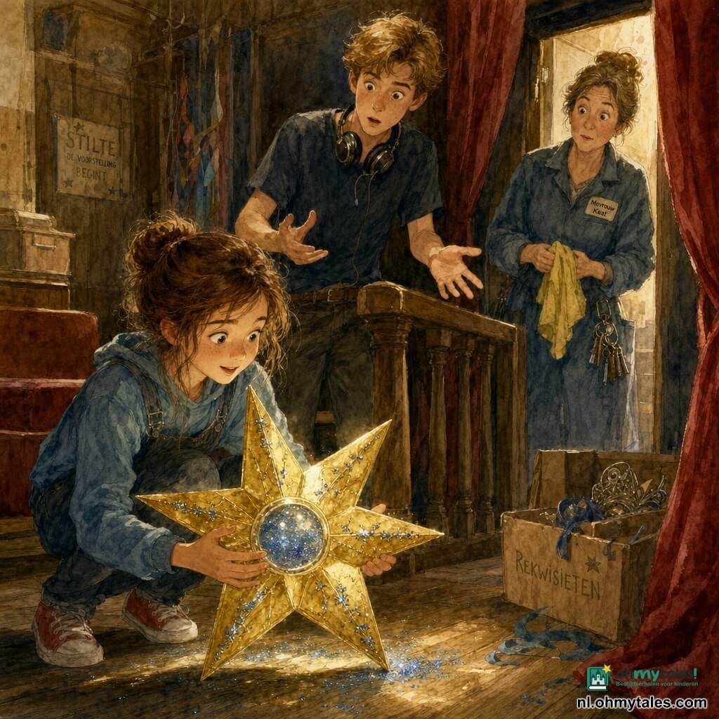Mila, 12 jaar, geconcentreerd gezicht en fonkelende ogen, hurkt in een houten loge en houdt voorzichtig een grote gouden ster met blauwe glitters vast, handen om de ster, nieuwsgierige en trotse blik; Jelle, ongeveer 16, eenvoudige kostuum en regieheadset om de nek, staat ernaast achter een lage reling, verbaasde blik en handen open alsof hij uitlegt, iets groter dan Mila; mevrouw Kaat, ongeveer 50, in portierskleding met een sleutelbos die hangt, staat in de opening van de loge met opgeheven wenkbrauwen en een citroengeel doek in de hand; de achter-scène is warm en textuurrijk met versleten houten banken, half gesloten donkerrood gordijn, rekwisietkisten, enkele podiumlinten en sporen van blauwe glitters op de vloer; de hoofdscène toont de vondst van de verloren ster: zacht projecteurlicht weerspiegelt in een klein spiegelstukje van de ster, aquarelgotovlekken en een sfeer van vriendelijk mysterie en kinderlijk succes.