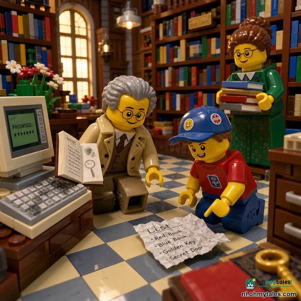 Een glimlachende, geconcentreerde mannelijke detective in de vijftig met ronde bril en lange beige jas, knielend bij een computer met een open notitieboek in zijn rechterhand terwijl hij naar vingerafdrukken op het toetsenbord kijkt; naast hem een verlegen maar opgeluchte jongen van ongeveer 8 jaar met blauwe pet en rood T‑shirt die naar een gekreukte lijst op de grond wijst; achter hen een vriendelijke vrouwelijke bibliothecaresse van rond de 40 in een groene jurk met opgestoken kastanjebruin haar en een stapel boeken bij hoge LEGO‑boekenkasten; grote LEGO‑bibliotheekruimte met kleurrijke boeken, rijen computers met lege schermen, lichtgekleurde dambordvloer en warme raamverlichting; scène van ontdekking en oplossing, rustige optimistische sfeer, levendige kleuren en zichtbare baksteentexturen in diorama‑stijl met zacht warm licht.