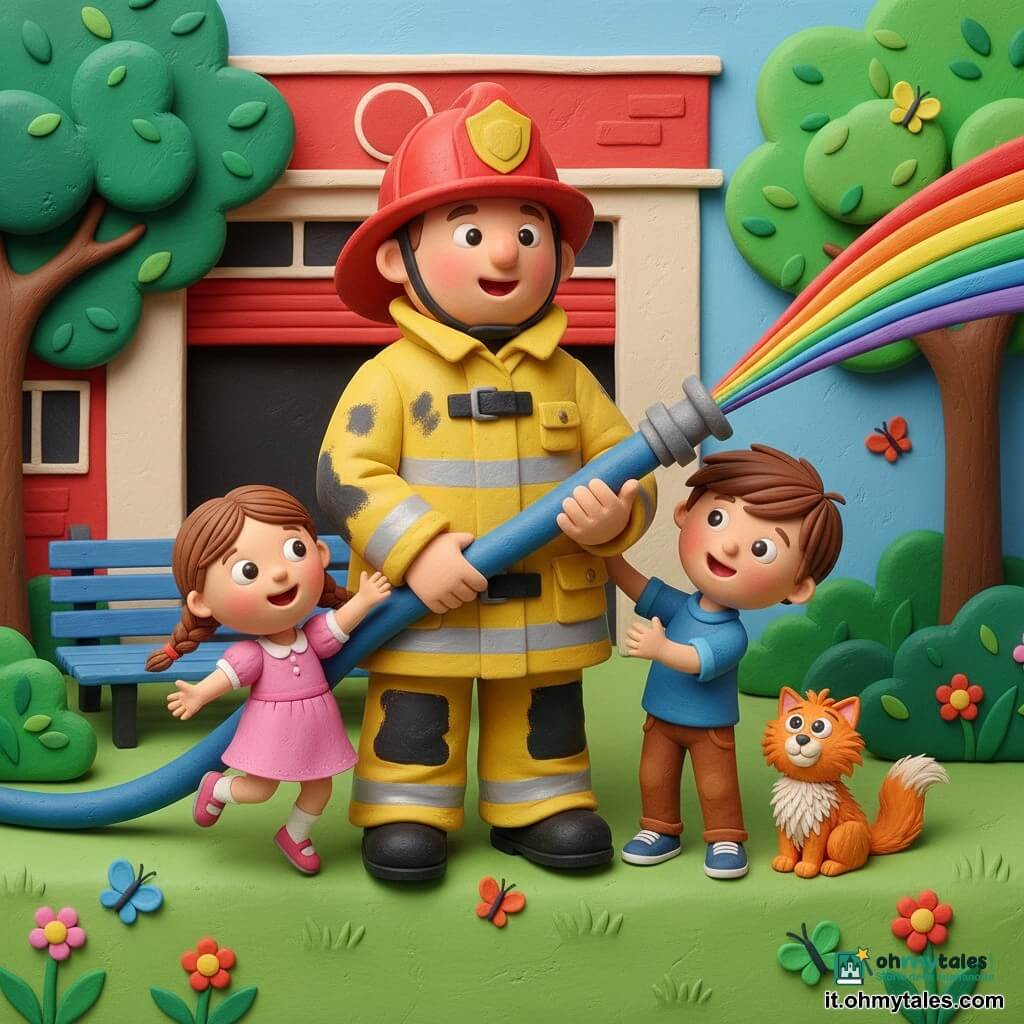 Un pompiere sorridente, viso rotondo, pelle chiara, casco rosso lucido, giacca gialla rifrangente con un po' di fuliggine, postura fiera e benevola, tiene un grosso tubo azzurro che spruzza un getto d'acqua arcobaleno; un ragazzo (Luca, ~9 anni) dai corti capelli castani, vestiti colorati, sguardo meravigliato che imita il gesto vicino al tubo; una bambina (Sofia, ~6 anni) con due trecce e vestito rosa, salta di gioia davanti a sinistra; un piccolo gatto arancione maculato e peloso è a terra vicino al pompiere con occhi tondi riconoscenti; sullo sfondo un parco soleggiato con alberi verdi stilizzati, una panchina blu e la facciata rossa della caserma con grandi porte aperte, prato texturizzato, fiori semplici e farfalle colorate; luce morbida, colori vivaci e contrastati, forme arrotondate e texture tipo plastilina per un effetto caldo e tattile.