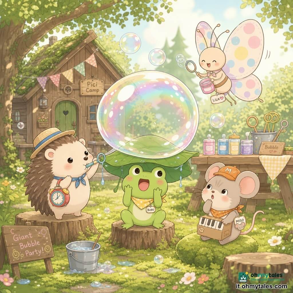 Un piccolo riccio di nome Pici, sorridente e gioioso, porta una sveglia colorata legata alla zampa e soffia delicatamente una enorme bolla di sapone traslucida dai riflessi arcobaleno; una rana chiamata Bubu, maliziosa e ridente, con un grande cappello di foglia verde al centro è sorpresa e felice con la bolla come una piccola «pianeta» sul cappello; una topolina di nome Miso, curiosa e un po' imbarazzata, tiene vicino al gruppo un mini pianoforte di cartone seduta accovacciata su un cuscino di muschio e guarda la bolla stupita; una grande farfalla Lila, leggera e allegra, con ali a pois colorati batte le ali per aiutare a formare le bolle, planando sopra gli amici; ambientazione: campeggio estivo in una radura con tronchi come sedili, tappeto di muschio verde, una vecchia casetta di legno e un tavolo da picnic con barattoli di sapone; luce morbida di un pomeriggio soleggiato; situazione: festa gioiosa e un po' caotica di bolle giganti, spruzzi d'acqua, sorrisi e accessori improbabili, atmosfera colorata, coccolosa e divertente.