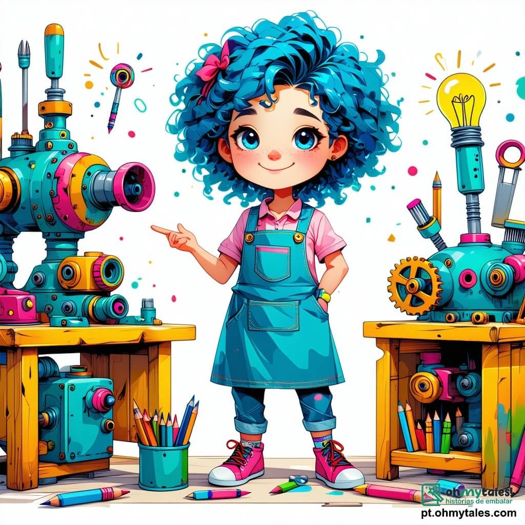 Clara, uma inventora com cabelos azul vibrante e sorriso radiante, está em seu ateliê colorido, cercada por engrenagens e máquinas estranhas. Ela usa um avental cheio de lápis e ferramentas, e seu olhar entusiasmado revela sua empolgação ao explicar uma ideia para um grupo de crianças. Sofia, uma menina de cabelos cacheados e olhos brilhantes, está sentada no chão, desenhando com lápis de cor em um grande papel, seu rosto iluminado pela excitação. Lucas, um garoto de 10 anos com grandes óculos e uma camiseta estampada, está ao lado dela, segurando um modelo de carro de papelão, com um olhar concentrado. O ateliê é mágico, cheio de luz, com paredes pintadas em cores vivas, estantes repletas de livros e protótipos, e janelas que deixam entrar o sol, iluminando as criações de Clara. A cena principal mostra Clara e as crianças em uma sessão de brainstorming, compartilhando ideias e desenhando invenções, sonhando em mudar o mundo com sua imaginação.