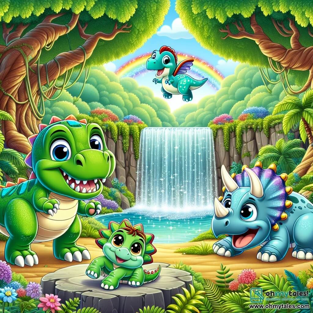 A Tyrannosaurus Rex named Tiny, with shiny green scales and a big friendly smile, stands by a beautiful waterfall, his eyes sparkling with excitement. Next to him, a small Stegosaurus named Spike, with rainbow-colored plates on his back, jumps for joy, his eyes wide with happiness. A little further away, a Triceratops named Tess, with her three horns and a gentle expression, smiles at them while sitting on a flat rock near the water. The setting is a lush jungle filled with large ferns, vibrant flowers, and tall, gnarled trees, while the waterfall sparkles in the sun, creating a rainbow in the air. The main scene shows Tiny, Spike, and Tess together, discovering their magical new place, ready to have fun and explore their new home.
