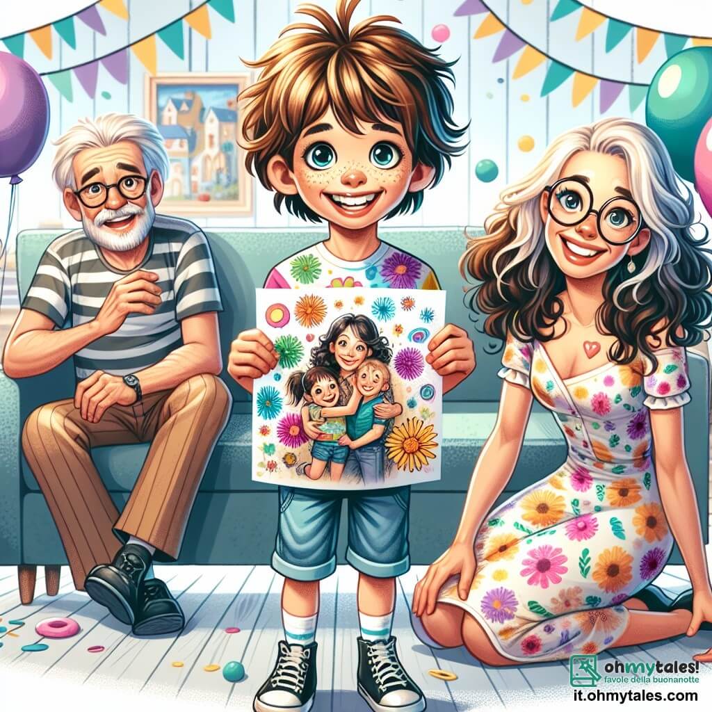 Un ragazzo di 9 anni, con capelli castani e occhi brillanti di gioia, si trova al centro della scena, con un grande sorriso che illumina il suo volto. Indossa una maglietta colorata con un motivo floreale e un pantaloncino di jeans, tenendo un disegno fatto a mano che rappresenta la sua famiglia, con colori vivaci e tratti infantili. Accanto a lui, sua madre, una donna sulla trentina con capelli lunghi e ricci, indossa un vestito leggero a fiori e ha gli occhi brillanti di sorpresa ed emozione. Si sta accovacciando per ammirare il disegno che le porge il figlio, il suo volto radioso di felicità. Sullo sfondo, i nonni del ragazzo, il nonno con una barba grigia e occhiali, e la nonna con capelli argentati, sorridono calorosamente, seduti su un divano decorato con cuscini colorati, circondati da palloncini e festoni. La scena si svolge in un soggiorno luminoso, pieno di decorazioni festive, con palloncini colorati che fluttuano dal soffitto e un tavolo adornato con una bella tovaglia a motivi floreali, su cui troneggia una deliziosa torta di compleanno. La situazione principale mostra il momento magico in cui il ragazzo rivela il suo regalo alla mamma per la festa della mamma, creando un'atmosfera di gioia, amore e complicità familiare.