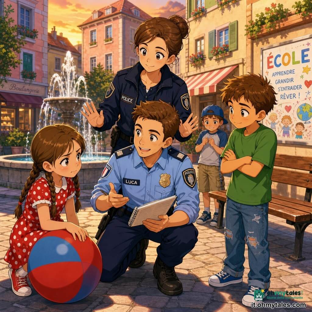 Un uomo, Luca, giovane e sorridente, capelli castani corti, uniforme da poliziotto azzurro chiaro con distintivo, in ginocchio parla con i bambini tenendo un piccolo taccuino aperto; una donna, l’agente Marta, circa 35 anni, capelli castani raccolti in uno chignon, giacca blu scuro, sguardo calmo e sorriso rassicurante, sta in piedi dietro Luca con le mani aperte in gesto pacificante; una bambina di circa 9 anni con trecce e vestito rosso a pois bianchi, inizialmente contrariata ma rasserenata, tiene una mano su un grande pallone rosso e blu a sinistra di Luca; un ragazzo di circa 10 anni con maglietta verde e jeans consumati, braccia incrociate ma volto curioso, è a destra di Luca leggermente indietro; un altro ragazzo di circa 8 anni, piccolo con cappellino blu e volto timido ma sorridente, è vicino a una panchina sullo sfondo giocando con le mani; luogo: piccola piazza lastricata con fontana centrale a getti, panchine in legno, palazzi colorati dalle facciate pastello e grande manifesto scolastico su un muro, luce dolce di fine pomeriggio con ombre lunghe; situazione: mediazione pacifica dopo una lite per un pallone, tutti riuniti attorno al pallone al centro in un’atmosfera calda e riconciliatrice, colori vivaci, tratti rotondi ed espressivi, stile manga infantile, composizione incentrata sui volti e sul pallone.