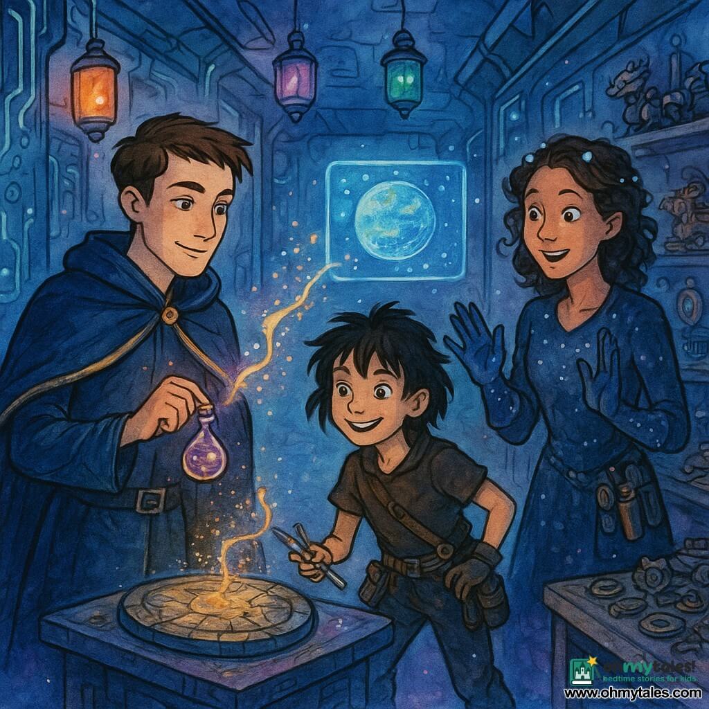 A confident, awed young man, Lyron, with short brown hair and a midnight-blue gold-threaded cloak, holds a small crystal vial glowing purple and gold before a floating terminal; beside him a tomboyish, mischievous 10-year-old girl, Mira, with messy black hair and a tool belt of gadgets, smiles as she points a silver welding wand at a cracked sigil disk on the terminal; a woman in her 30s, Tessa, with hair threaded with glowing pins and glittering gloves, stands slightly back with hands raised in admiration near a worktable of mechanical parts. The scene is a space workshop corridor with polished metal walls inset with glowing circuits, floating colored glass lanterns, shelves of amulets and tiny mechanical dragons, and a crystal floor reflecting blue and violet nebulae. The vial releases bright filaments that coil toward the cracked sigil, the light repairing it and activating the terminal to project a holo-image of a planet, blending technological and fae elements with vivid colors and high-contrast luminous washes.