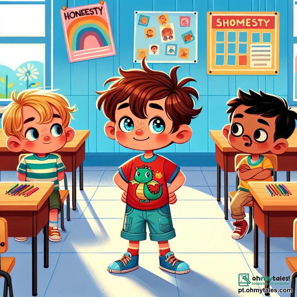 Em uma sala de aula colorida, vemos três personagens principais: Pedro, um garoto de 3 anos com cabelos castanhos bagunçados e olhos travessos, usando uma camiseta vermelha com um dragão e um short azul, está no centro com uma expressão um pouco culpada; João, também de 3 anos, com cabelos loiros e olhos azuis, vestido com uma camisa listrada verde e calças bege, está à esquerda de Pedro, de braços cruzados e com um sorriso curioso; Miguel, outro garoto de 3 anos com cabelos negros e olhos marrons, usa uma camiseta amarela e um short vermelho, está à direita de Pedro, com as mãos nos joelhos, parecendo intrigado. A sala é iluminada, com paredes azuis claras, cartazes coloridos sobre honestidade e amizade, e janelas que deixam entrar luz do sol. A cena mostra Pedro confessando a seus amigos que mentiu sobre ter um dragão, com uma expressão sincera, enquanto João e Miguel o escutam surpresos, mas compreensivos, ilustrando a importância da verdade e da amizade.