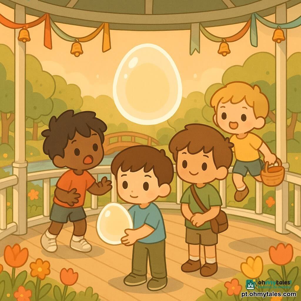 Quatro meninos de cerca de 12 anos: um de cabelos castanhos curtos, camiseta azul-claro e calça cáqui segura delicadamente um grande ovo translúcido leitinho no centro do coreto; à esquerda, um de cabelos pretos desgrenhados e camiseta vermelha tenta apanhar o ovo pulando, expressão surpresa e divertida; à direita, um de cabelos castanhos e camiseta verde com bolsa a tiracolo observa com sorriso tímido e mãos cruzadas; atrás, um loiro de camiseta amarela segura uma pequena cesta de vime, pronto para correr, todos formando um semicírculo respeitoso; cenário: coreto redondo de madeira branco e verde com piso claro, colunas finas, fitas coloridas e sinos pequenos pendendo, luz suave de fim de tarde, flores e tulipas ao redor e um pequeno parque com riacho e ponte ao fundo; situação: ovo translúcido levita no centro com leve halo creme, atmosfera alegre e mágica, visual simples em cores pastéis saturadas, traços arredondados e expressões kawaii, composição centrada no ovo e nos rostos maravilhados.