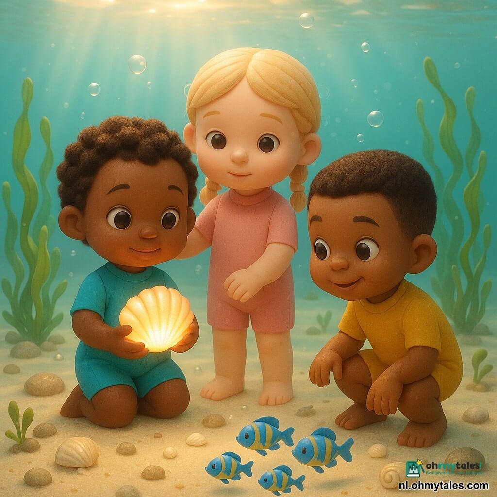 Drie kinderen van 4 jaar onder water: Mila (kort bruin krullend haar, ronde bruine ogen) in een turquoise korte duikpak houdt een glanzende schelp in het zand links van het midden; Noor (blond met twee vlechten, kalm) in een lichtroze duikpak staat in het midden met hand op Mila’s schouder en beschermende blik; Sem (zwart haar, nieuwsgierige glimlach) in een mosterdgele duikpak hurkt rechts om een klein schooltje blauwe en gele vissen te bekijken. De omgeving is een ondiepe, heldere turquoise zee met zonnestralen op licht zand, wiegende groene algen, ronde rotsen met schelpen en opstijgende belletjes. De schelp straalt warme gloed uit, kleurrijke vissen zwemmen rond, sfeer lief, nieuwsgierig en veilig; stijl: schattige 3D-beeldjes, gladde lichte texturen en zachte vriendelijke gezichten.