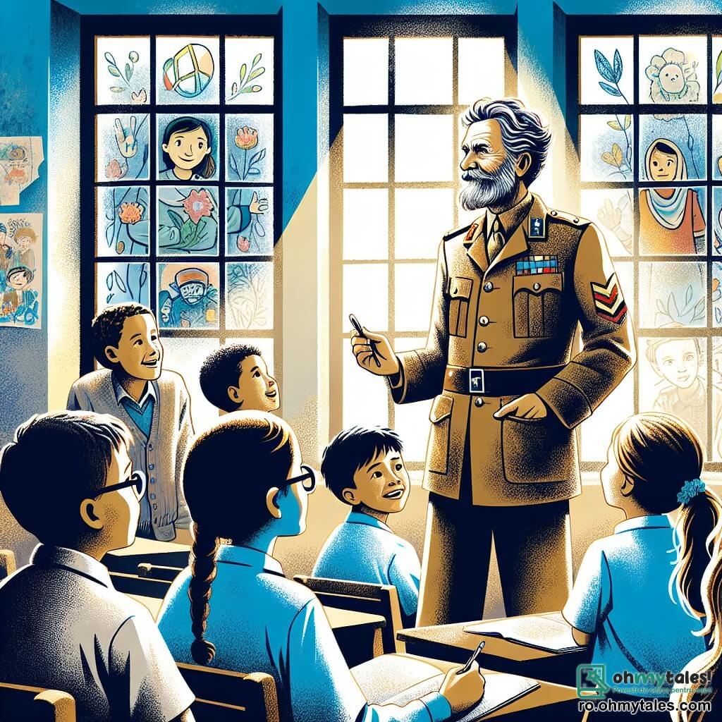 Un bărbat în vârstă, cu fața marcată de timp și amintiri, stă în picioare în fața unei clase de copii. Poartă o uniformă militară decolorată, simbol al trecutului său, iar ochii îi strălucesc de emoție în timp ce împărtășește povești despre pace. Lângă el, o fetiță cu părul creț, de aproximativ 8 ani, îl ascultă cu atenție, având ochii mari, ținând un carnet în mâini, pregătită să noteze cuvintele lui. Un băiat mai înalt, de aproximativ 10 ani, cu ochelari și un zâmbet curios, stă puțin în spate, ridicând mâna pentru a pune o întrebare, cu fața luminată de entuziasm. Scena se desfășoară într-o clasă luminoasă, cu pereți decorați cu desene ale copiilor pe tema păcii și prieteniei. Ferontele lasă să intre lumina soarelui, iluminând fețele copiilor și creând o atmosferă caldă și primitoare. Situația principală arată bărbatul împărtășind lecții valoroase despre importanța păcii și solidarității, în timp ce copiii, captivați, se implică activ în discuție, ilustrând speranța unui viitor mai bun.