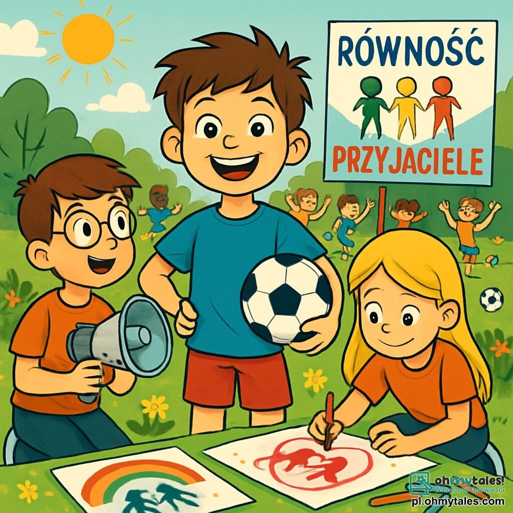 Dwunastoletni chłopiec, Kacper, stoi w centrum obrazu z szerokim uśmiechem i błyszczącymi oczami pełnymi entuzjazmu. Ma rozczochrane brązowe włosy i nosi niebieską koszulkę oraz czerwone szorty, trzymając piłkę nożną pod pachą. Po jego prawej stronie Maja, dwunastoletnia dziewczynka z długimi blond włosami, rysuje kolorowe plakaty na dużym arkuszu papieru, a wokół niej leżą kredki. Po lewej stronie Tomek, dwunastoletni chłopiec w okularach i z kasztanowymi włosami, z podziwem przygląda się plakatom, trzymając w rękach megafon. Scena rozgrywa się na słonecznym boisku sportowym, otoczonym zielonymi drzewami i kolorowymi kwiatami, z uczniami zgromadzonymi wokół, śmiejącymi się i bawiącymi. W tle widać duży baner z napisami takimi jak "Równość" i "Przyjaciele" napisanymi kolorowymi literami. Główna scena pokazuje Kacpra i jego przyjaciół organizujących radosne wydarzenie sportowe, gdzie wszystkie dzieci, dziewczynki i chłopcy, bawią się razem, grając w piłkę nożną i świętując przyjaźń oraz równość.