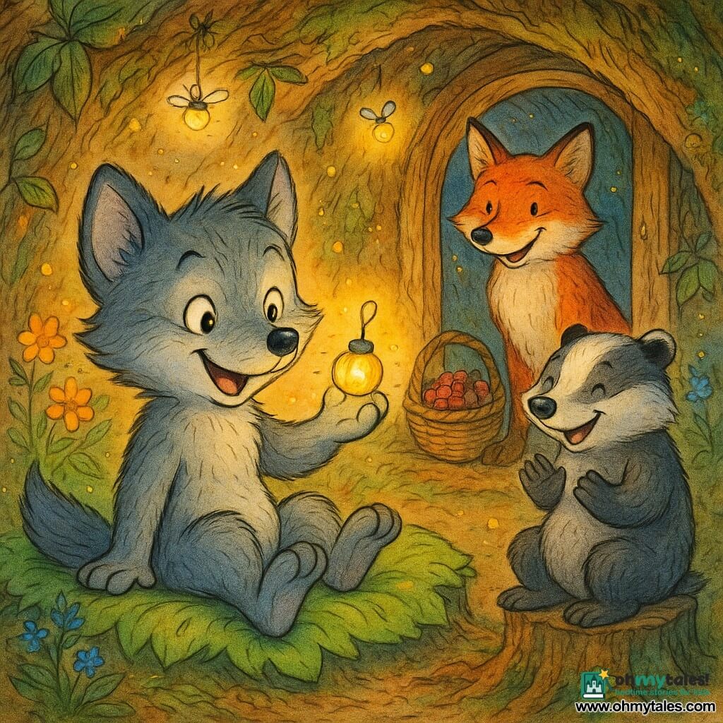 The main character is a playful, plush gray-furred wolf with sparkling eyes and a mischievous smile, holding a glowing firefly like a tiny lamp; Fergus the red fox stands by the burrow entrance with a basket of berries, sharing a knowing look with the wolf; Benny the stocky black-and-white badger, curious-nosed, sits on a nearby stump, smiling and applauding; the cozy burrow is lined with leaves and fragrant flowers, a soft green leaf cushion, floating firefly lights, wooden beams and mossy walls; the scene is a warm, gentle bedtime moment as the wolf lights the night with the firefly, everyone laughs softly, warm light and colorful sparkles creating a joyful, cozy atmosphere.