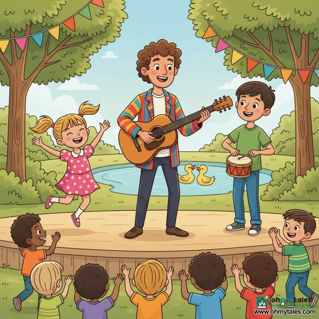 A warm smiling musician with curly brown hair and a colorful striped jacket plays a shiny wooden guitar looking at the audience; to his left Lily, about 8, with blonde pigtails and a pink polka-dot dress jumps and sings, to his right Max, about 9, tall in a green tee and jeans, taps a small drum; diverse children in front applaud and dance with amazed faces, and in the background a light-blue lake with two yellow ducks bobbing amid a bright afternoon park with green lawn, leafy trees and multicolored bunting.