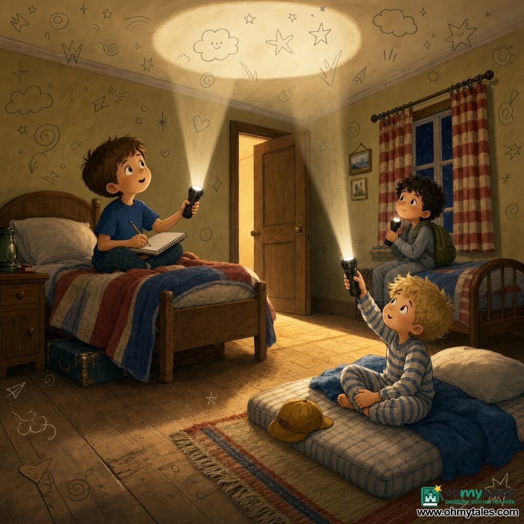 Three 6-year-old boys in a cozy, slightly old inn room: a short brown-haired boy in a blue t-shirt sits mid-left on a bed with a notebook and pencil, staring at a flashlight with wonder and focus; a messy blond boy in striped pajamas sits on a floor mattress to the right holding a small flashlight aimed at the ceiling, his yellow cap beside him on the rug; a curly black-haired boy in gray pajamas with a small green backpack on his shoulder sits near the window in the background, clutching a flashlight and smiling calmly toward the ajar door. The room has light worn wooden floors, red-and-cream striped curtains, pale yellow walls, two single beds with colorful covers, a small wooden bedside table and an open door letting a soft halo of corridor light in. The boys form a small circle of light: one flashlight casts a large white circle on the ceiling, the corridor nightlight creates a warm rectangle on the floor, and the room’s corners remain shaded but friendly, decorated with doodles like clouds, stars and smiles, giving a reassuring, adventurous atmosphere with warm colors and visible textures.