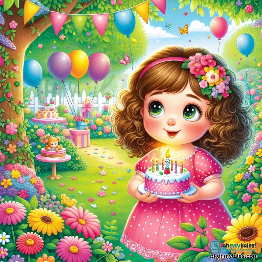 Uma menina de 2 anos, Mia, com grandes olhos brilhantes e cabelos cacheados, usa um vestido rosa com bolinhas brancas. Ela sorri com encanto, segurando um pequeno bolo de aniversário nas mãos. Ao lado dela, sua mãe, uma mulher de cerca de 30 anos, com cabelos longos e castanhos, usa uma blusa colorida e olha para Mia com ternura, segurando uma flor colorida. A cena acontece em um bonito parque, cheio de flores vibrantes e árvores verdes. Balões coloridos flutuam no ar, adicionando um toque festivo ao ambiente. Mia, cercada por sua mãe e amigos, está soprando as velas do seu bolo de aniversário, com um grande sorriso no rosto, enquanto todos aplaudem alegremente ao seu redor.