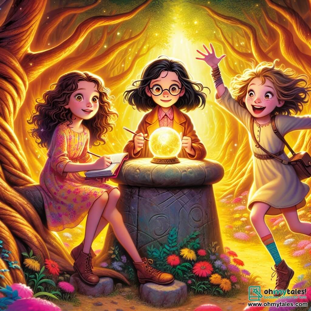 Three 10-year-old girls: Mira, with curly brown hair and a colorful dress, is sitting on a stone, her eyes sparkling with curiosity. Lila, with straight black hair and round glasses, is standing next to her, holding a notebook and pencil, ready to take notes. Zia, with messy blonde hair and a big smile, is joyfully jumping with her arms raised to the sky. They are in an enchanted clearing in the heart of the Whispering Woods, where tall, gnarled trees majestically rise, their leaves filtering the golden sunlight. Colorful flowers cover the ground, and an ancient stone pedestal topped with a glowing orb stands in the center, emitting a soft light. The main scene shows the three girls discovering the magical orb, curious and amazed, ready to ask questions about friendship, truth, and courage, while mysterious whispers rise from the surrounding trees, as if the forest itself is sharing its secrets with them.