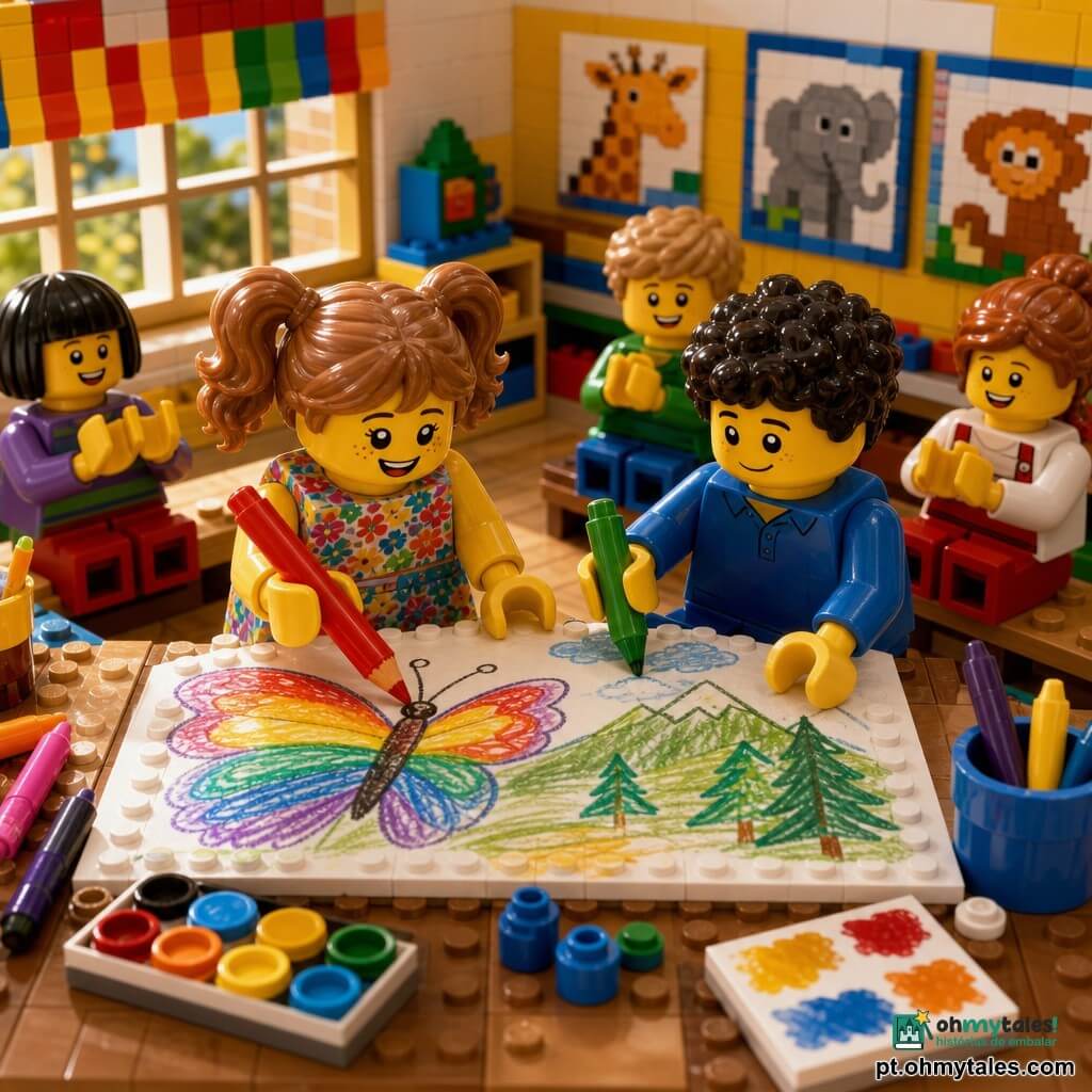 Menina de 6 anos, Clara, rosto sorridente e olhos brilhantes, cabelos castanho-claro em rabo de cavalo, veste um vestido florido e segura um grande lápis vermelho para desenhar uma borboleta multicolor; ao lado, menino de ~6–7 anos, Tomás, tímido porém feliz, pele clara e cabelos encaracolados escuros, veste azul e desenha montanhas verdes e árvores com lápis verde; ambos estendem as mãos sobre um grande desenho compartilhado na mesa, misturando borboletas e colinas, enquanto três colegas ao fundo, sentados em bancos, observam e aplaudem; cena numa sala de arte de pré-escola com mesa de madeira clara coberta de papéis, caixas de lápis e potes de aquarela espalhados e manchas de tinta, luz de sol quente entrando por uma grande janela com cortina às riscas, paredes de blocos tipo LEGO com cartazes de animais e alfabeto, atmosfera alegre e colaborativa, cores saturadas e textura de tijolos.