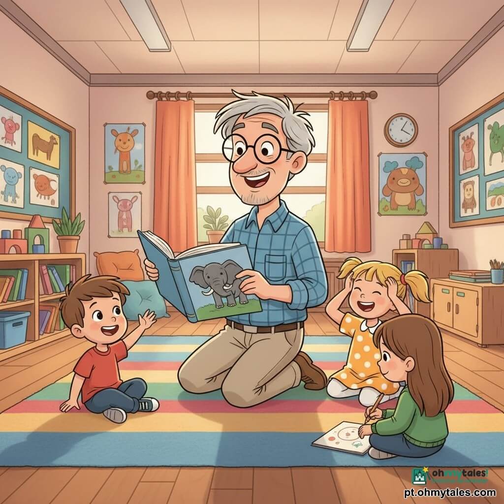 Um professor ajoelhado mostrando um grande livro ilustrado com um elefante, sorriso largo, cabelo grisalho despenteado, óculos redondos, camisa azul xadrez e calças bege; à sua esquerda Tomás, cerca de 5 anos, cabelo castanho curto, camiseta vermelha, levanta a mão timidamente; à direita Matilde, cerca de 4 anos, cabelos loiros em rabo de cavalo, vestido amarelo com bolinhas brancas, imita um rugido com as mãos na cabeça; perto do tapete, Carolina, cerca de 5 anos, cabelos castanhos longos, suéter verde, segura um lápis e olha timidamente para seu desenho; sala de aula iluminada com paredes cheias de desenhos coloridos, prateleiras de madeira com livros, almofadas e blocos, grande tapete listrado multicolor no centro, pôsteres de animais e janela com luz da manhã; atmosfera acolhedora, crianças sentadas em círculo rindo e desenhando, cores vivas, traços suaves e formas arredondadas, luz morna matinal.