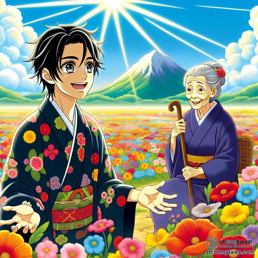 Haruto, um homem de cerca de trinta anos, tem cabelos negros e olhos cheios de curiosidade. Ele usa um quimono tradicional com padrões florais coloridos e um sorriso radiante ilumina seu rosto enquanto está no centro de um campo de flores vibrantes, com os braços abertos, maravilhado com a beleza ao seu redor. Ao seu lado, uma senhora sábia, de aproximadamente 70 anos, com cabelos prateados e um rosto enrugado mas sorridente, está sentada em uma pedra, cercada por flores. Ela olha para Haruto com benevolência, segurando uma bengala de madeira esculpida. O lugar é um magnífico campo ensolarado, salpicado de flores de todas as cores – vermelhas, amarelas, azuis e violetas – que dançam ao vento. Ao fundo, vê-se uma montanha majestosa, com seu pico envolto em nuvens brancas como algodão. A cena principal mostra Haruto, deslumbrado pela descoberta da flor mágica no centro do campo, enquanto o dragão guardião, pequeno e cintilante, se aproxima dele, pronto para fazer uma pergunta crucial sobre compartilhamento e generosidade.