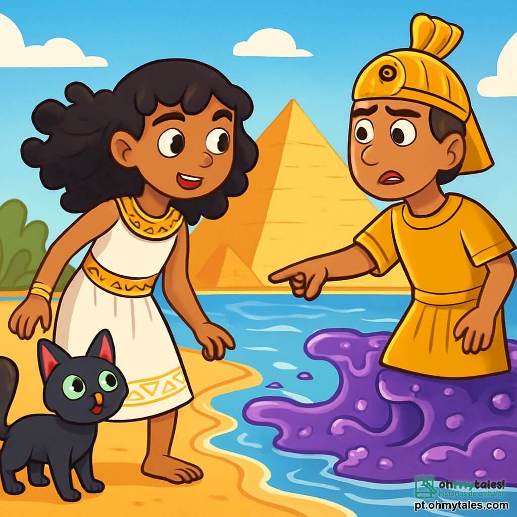 Neferura, uma jovem egípcia de 12 anos, está à beira do Nilo, com seus cabelos negros e cacheados ao vento. Ela usa um vestido de linho branco com padrões dourados, e seu rosto expressa uma determinação vibrante, com olhos brilhantes de curiosidade. Ao seu lado, Bastet, um gato de olhos verdes brilhantes, esfrega-se em sua perna, com um ar travesso e atento. Perto deles, Ramsés, o faraó de cerca de 30 anos, veste uma túnica dourada e um tocado em forma de peixe, com uma expressão preocupada. Ele aponta para o Nilo, onde ondas de geléia roxa começam a se formar. O cenário é espetacular: majestosas pirâmides se erguem ao fundo sob um céu azul radiante, enquanto o Nilo brilha com reflexos dourados e roxos. A cena principal mostra Neferura e Ramsés, preocupados, observando o Nilo que ameaça se transformar em geléia de uva, enquanto Bastet, curioso, observa as ondas borbulhantes, pronto para ajudar sua dona nesta aventura mágica.