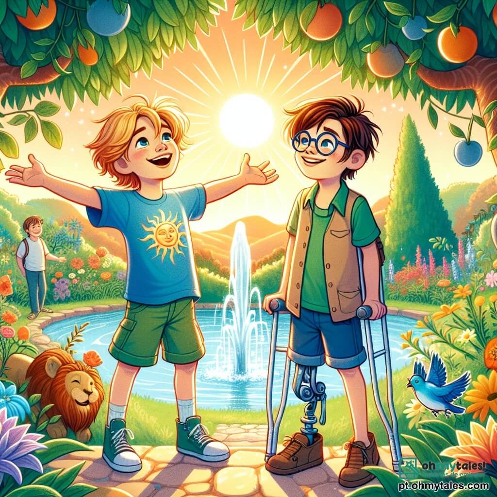 Em um lindo jardim colorido, dois meninos, Miguel e Tomás, estão no centro da cena. Miguel, de 10 anos, tem cabelos dourados que brilham como o sol e um sorriso radiante. Ele veste uma camiseta azul e um short verde, com os braços abertos, expressando seu encantamento. Ao seu lado, Tomás, também de 10 anos, tem cabelos castanhos e usa óculos. Ele se apoia em uma muleta, mas seu rosto irradia alegria e determinação. Ao redor, o jardim está cheio de flores vibrantes, árvores frutíferas carregadas de frutas suculentas e uma fonte de água cristalina no centro, onde um pássaro azul canta alegremente. Os dois amigos contemplam a beleza do jardim, percebendo que encontraram um lugar mágico para refletir sobre sua busca pela verdade. Seus rostos são iluminados pela luz do sol poente, simbolizando a sabedoria adquirida em sua aventura.