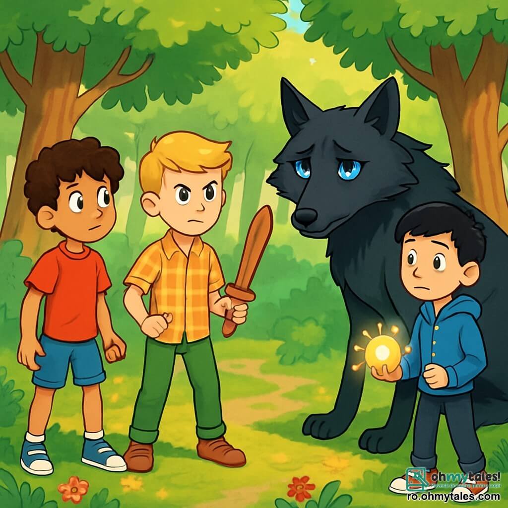 Există 4 personaje: Doru, un băiat de 12 ani cu părul brun și creț, îmbrăcat cu un tricou roșu și o pereche de pantaloni scurți din denim, stând în stânga și privindu-l cu curiozitate pe lup; Vlad, un băiat de 12 ani cu părul blond și ochi strălucitori, purtând o cămașă cu carouri și pantaloni verzi, aflat în centru și ținând o sabie din lemn, pregătit să-și apere prietenii; Andrei, un băiat de 12 ani cu părul negru și neted, îmbrăcat cu un hanorac albastru și adidași, aflat în dreapta și ținând o amuletă strălucitoare; Marele Lup Negru, un lup impunător cu blană neagră și lucioasă, cu ochi de un albastru profund, stând în mijlocul scenei și privindu-i pe băieți cu o expresie amenințătoare dar tristă. Locul este o poiană fermecată, înconjurată de copaci mari cu trunchiuri groase și frunze verzi strălucitoare, iar lumina soarelui filtrează printre crengi, creând modele aurii pe solul acoperit de mușchi. Situația principală arată cei patru băieți față în față cu lupul, cu o tensiune palpabilă în aer; Doru și Andrei privesc lupul cu o combinație de frică și curiozitate, în timp ce Vlad este pregătit să-și apere prietenii, ridicându-și sabia din lemn. Lupul, deși amenințător, pare și vulnerabil, creând un contrast între curajul copiilor și tristețea lupului.