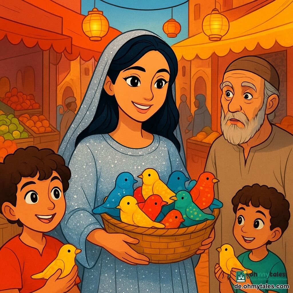 Amira, eine etwa dreißigjährige Frau, steht im Mittelpunkt der Szene, mit schwarzen Haaren und einem sanften Gesicht, das von einem warmen Lächeln erleuchtet wird. Sie trägt einen glitzernden, silbernen Tüll, der wie der Mondschein strahlt, und hält einen Korb mit bunten Stoffvögeln. Ihr Blick ist voller Entschlossenheit und Freundlichkeit. Rechts von ihr steht ein alter Mann, Bassam, etwa sechzig Jahre alt, mit grauem Bart und tiefen Falten, der Amira neugierig beobachtet. Er trägt eine einfache Tunika und wirkt etwas zögerlich, aber sein Blick beginnt sich zu mildern. Links von ihr steht ein junger Junge, etwa acht Jahre alt, mit lockigen Haaren und funkelnden Augen, der einen gelben Stoffvogel hält und von der Magie der Szene fasziniert ist. Die Szene spielt auf einem lebhaften Markt, umgeben von bunten Ständen mit Früchten und Gewürzen. Papierlaternen schweben darüber und werfen ein sanftes, warmes Licht auf die Gesichter der Passanten. Die Wände der umliegenden Gebäude sind mit arabesken Mustern verziert. Amira, mit ihrem Korb voller Vögel, lädt die Marktbesucher ein, an einem Austausch von Freundlichkeit teilzunehmen, in der Hoffnung, Verbindungen zwischen ihnen zu knüpfen. Die lebhaften Farben und die Ausdrücke der Charaktere vermitteln eine Atmosphäre von Freude und Hoffnung, während die Magie der Kreativität zu wirken beginnt.
