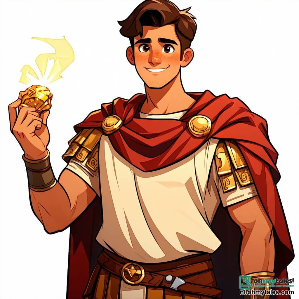 Lucius Valerius Maximus, een jonge man van ongeveer 20 jaar, heeft een vastberaden blik en een ondeugende glimlach. Hij draagt een beige Romeinse tuniek versierd met gouden motieven en een rode mantel die achter hem wappert. In zijn hand houdt hij een kleine gouden les, de beroemde Lepel de Luctus, terwijl hij in een heroïsche houding staat, klaar om zijn geheim te verdedigen. Naast hem staat Gaius, zijn beste vriend, een stevige man van ongeveer 25 jaar met rommelige bruin haar en een wat onhandige uitstraling. Hij kijkt om zich heen met grote ogen van opwinding en bezorgdheid, draagt een gladiatorenuitrusting en houdt zijn zwaard vast, klaar om te vechten, maar met een amuserende glimlach op zijn gezicht. Vibia, een mysterieuze vrouw van ongeveer 30 jaar in een zwevende paarse jurk, staat iets op de achtergrond. Haar blik is doordringend en ze heeft een kleine draak op haar schouder die een zachte gloed uitstraalt. Ze lijkt geconcentreerd, klaar om haar magie te gebruiken om Lucius te helpen. De scène speelt zich af in de grote hal van het badhuis van Augustus, met witte marmeren zuilen, kleurrijke mozaïeken op de vloer en standbeelden van Romeinse goden die de scène lijken te observeren. Schaduwen dansen om hen heen, wat een zowel magische als mysterieuze sfeer creëert. Lucius, Gaius en Vibia zijn verwikkeld in een confrontatie met een mummie die hen bedreigt, terwijl soldaten van Caesar de hal binnenstormen. De spanning is tastbaar, maar humor en vriendschap zijn ook aanwezig, waardoor de scène zowel dramatisch als amusant is.