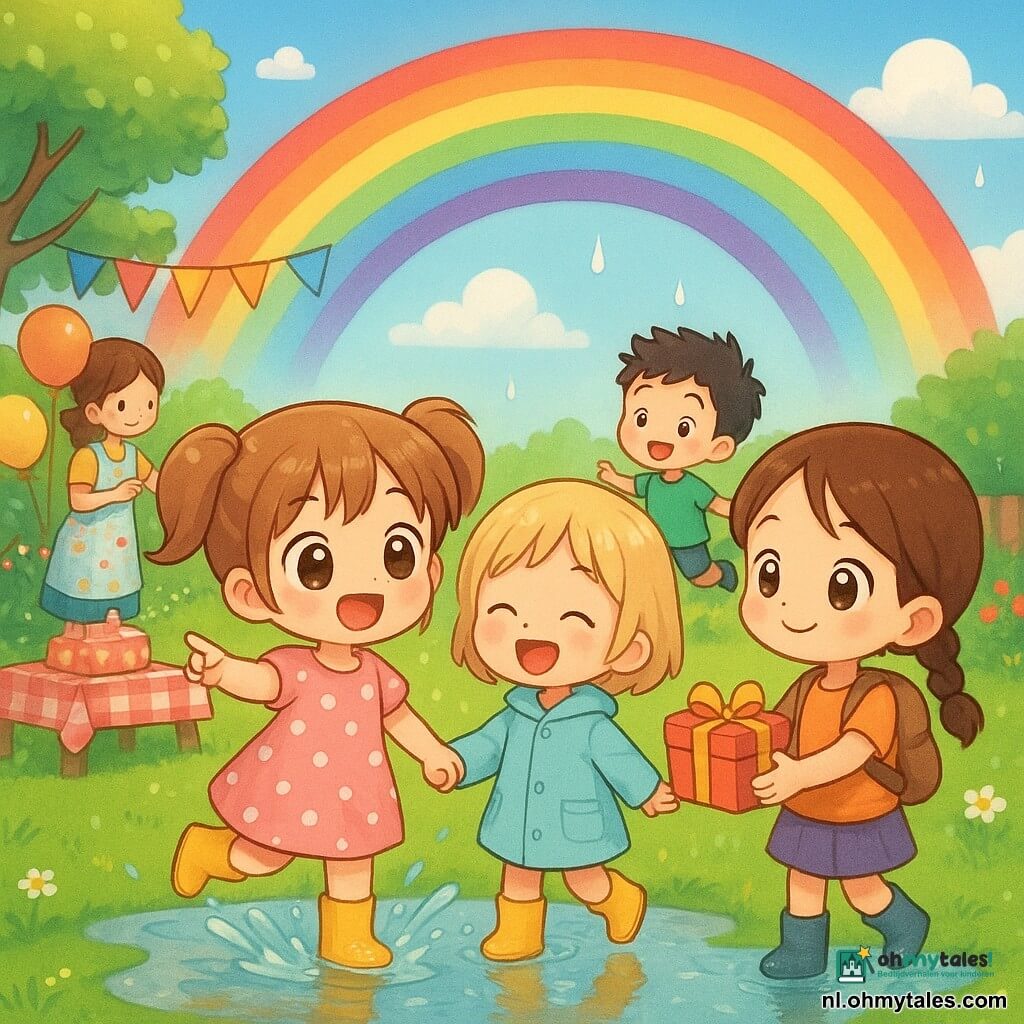 Een zonnige tuin na de regen: een stralende 8‑jarige Emma met lichtbruin haar in staartjes, roze gestippelde jurk en gele regenlaarzen wijst vrolijk naar een grote regenboog terwijl ze in een plas springt; naast haar houdt de verregende, lachende Lotte (±8) met kort blond haar en lichtblauw regenjack Emma’s hand en kijkt naar de reflecties; op de achtergrond springt de ondeugende Sam (±8) met zwart kort haar en groen T‑shirt in een andere plas; iets rechts van Emma reikt de zoete Sofie (±8) met gevlochten bruin haar en klein rugzakje een kleurig cadeautje aan haar; linksachter zet een glimlachende moeder met opgestoken haar en bloemenschort feestversiering bij een picknicktafel; het feest heeft felle kleuren, slingers, zwevende ballonnen, geblokte tafelkleden, glanzend groen gras en grote weerspiegelende plassen.