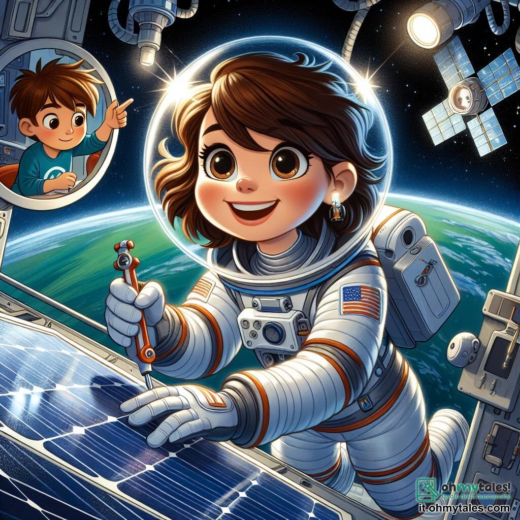 Emilia, un'astronauta coraggiosa, fluttua nello spazio, indossando una tuta spaziale bianca e argentata, con i capelli castani che fluttuano attorno al suo viso sorridente e meravigliato. Tiene un attrezzo in mano, esaminando un pannello solare della stazione spaziale, i suoi occhi brillano di curiosità ed eccitazione. Nei pressi, Leo, un ragazzo di circa 8 anni, osserva la scena attraverso uno schermo di controllo nella stazione, i suoi grandi occhi rotondi pieni di ammirazione. Ha i capelli castani e indossa una maglietta blu con un razzo disegnato sopra, mentre indica l'immagine di Emilia sullo schermo. La scena si svolge nell'immensità dello spazio, con la stazione spaziale Stellaris sullo sfondo, illuminata da stelle scintillanti e la Terra blu e verde che galleggia in lontananza, creando un magnifico contrasto con il profondo nero dell'universo. Emilia lavora sui pannelli solari, fluttuando nello spazio senza gravità, mentre Leo, meravigliato, segue le sue avventure a distanza, sognando di diventare anche lui un astronauta.
