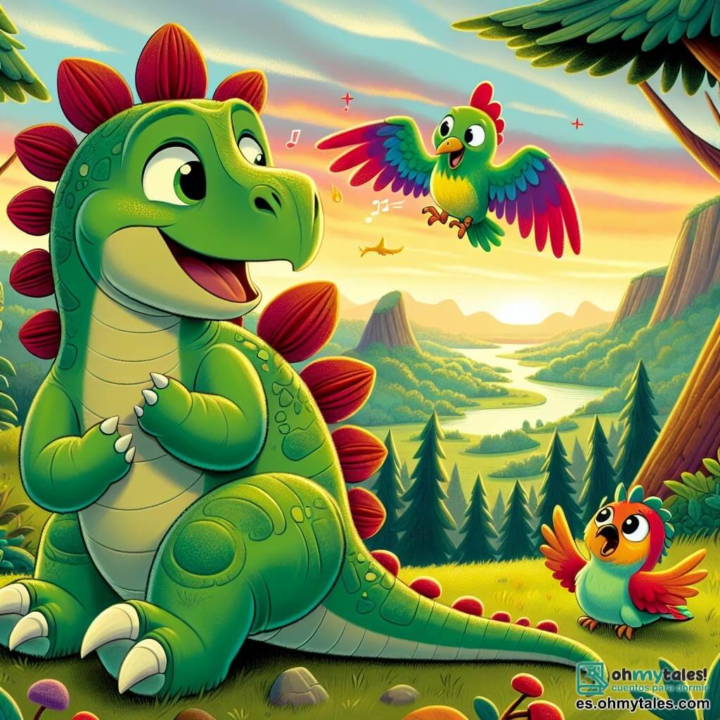 Un joven estegosaurio llamado Esteban, con piel verde y placas óseas en forma de escudos en su espalda, expresa gran curiosidad y alegría mientras explora un hermoso paisaje. A su lado, un pequeño pájaro colorido llamado Pablo, con plumas rojas y amarillas, vuela alegremente a su alrededor, cantando y picoteando bayas. Al fondo, un pequeño dragón de escamas brillantes y ojos chispeantes, llamado Drago, se divierte escupiendo pequeñas llamas, creando una atmósfera lúdica. La escena tiene lugar en la cima del Cerro Alto, un lugar que domina el valle, donde grandes árboles de hojas exuberantes se extienden hasta donde alcanza la vista, y un cielo vibrante de colores cálidos se tiñe de rosa y naranja al atardecer. Esteban, Pablo y Drago están juntos, riendo y jugando, compartiendo un momento de felicidad y amistad en el corazón de este valle mágico poblado de dinosaurios.