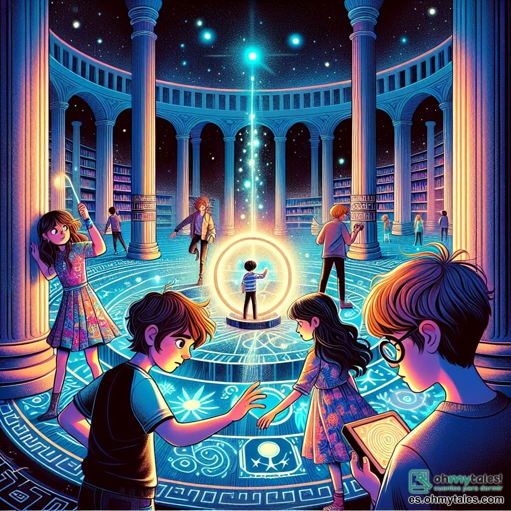 En el centro de la escena, cinco niños están en una amplia sala circular. A la izquierda, **Álex**, un chico de 11 años con el cabello castaño desordenado y ojos brillantes, observa con curiosidad un orbe luminoso flotante. A su derecha, **Luna**, una niña de 11 años con cabello largo y ondulado, vestida con un vestido colorido, extiende la mano hacia el orbe, fascinada por su luz. Justo detrás de ellos, **Mateo**, un chico de 11 años con gafas redondas y una tableta en las manos, busca información en una pantalla. Al lado de él, **Sara**, una niña de 11 años con cabello corto y gafas, se inclina para estudiar símbolos mágicos grabados en el suelo. Finalmente, al fondo, **Nico**, un chico de 11 años con cabello rubio y aspecto soñador, se comunica con una planta luminosa cerca de una columna.

La sala es inmensa, con columnas que parecen árboles petrificados y un suelo de mosaico con símbolos brillantes. En el centro, un orbe de luz pulsante emite destellos coloridos, creando una atmósfera mágica y misteriosa. Los niños están en plena acción, intentando restablecer el equilibrio entre la magia y la tecnología, mientras el orbe comienza a vibrar intensamente, iluminando la habitación con un resplandor brillante.