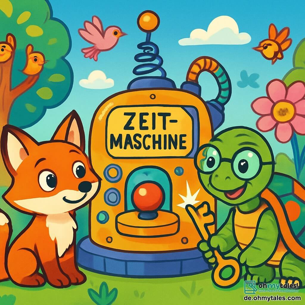 Im Zentrum des Bildes schaut ein kleiner roter Fuchs mit glänzenden, neugierigen Augen namens Finn mit Staunen auf eine große Zeitmaschine, seine Ohren aufgerichtet und sein Schwanz um ihn gewickelt. Neben ihm lächelt eine alte, weise Schildkröte mit einem bunten, gemusterten Panzer und runden Brillen, Professor Schildkröte, stolz, während sie einen großen, funkelnden Schlüssel hält, ihre Augen strahlen vor Freundlichkeit. Die Szenerie ist ein magischer Park mit bunten Baumstämmen, riesigen Blumen und zuckerförmigen Wolken im strahlend blauen Himmel. Im Hintergrund beobachten neugierige Waldtiere, wie singende Vögel und schelmische Eichhörnchen, die Szene. Finn und Professor Schildkröte stehen vor der Zeitmaschine, bereit, den großen roten Knopf zu drücken, um ein fantastisches Abenteuer durch die Zeit zu beginnen.