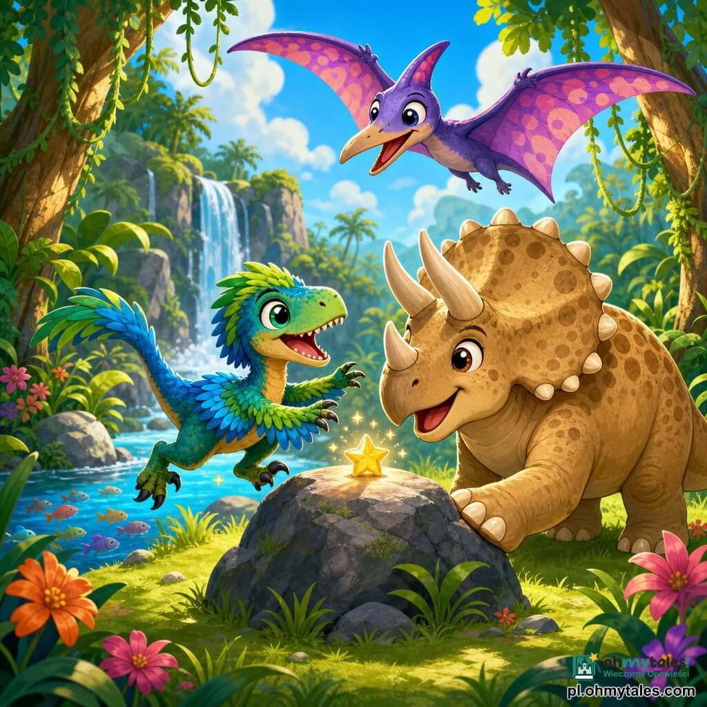 Mały welociraptor Riku, radosny i zachwycony, skacze z szerokim uśmiechem, błyszczące zielono-niebieskie pióra, okrągłe błyszczące oczy, cienkie łapy i miękkie pazury, wyciąga łapę do drobnej migoczącej gwiazdki na dużym głazie. Tobi, triceratops, spokojny i zadowolony, stoi obok głazu, masywne ciało o beżowej skórze z ciemniejszymi plamami, trzy zaokrąglone rogi, patrzy na gwiazdkę uśmiechając się i opiera łapę na ziemi jakby chroniąc przyjaciół. Lila, pterozaur, żywa i ciekawa, leci nad trójką, szerokie skrzydła w fioletowo-różowe wzory, błyszczące oczy, obserwuje scenę z nieba rzucając miękki cień na polanę. Scena w słonecznej polanie w bujnej dżungli: wysoka zielona trawa, kolorowe kwiaty, grube pnie drzew, wiszące liany, rzeka z kolorowymi rybkami i mały wodospad w tle. Główna sytuacja: trzy dinozaury znalazły małą magiczną gwiazdkę na centralnym głazie; ciepła atmosfera, żywe kolory, wyraźne kontrasty, proste zaokrąglone kształty w przyjaznym dziecięcym stylu.