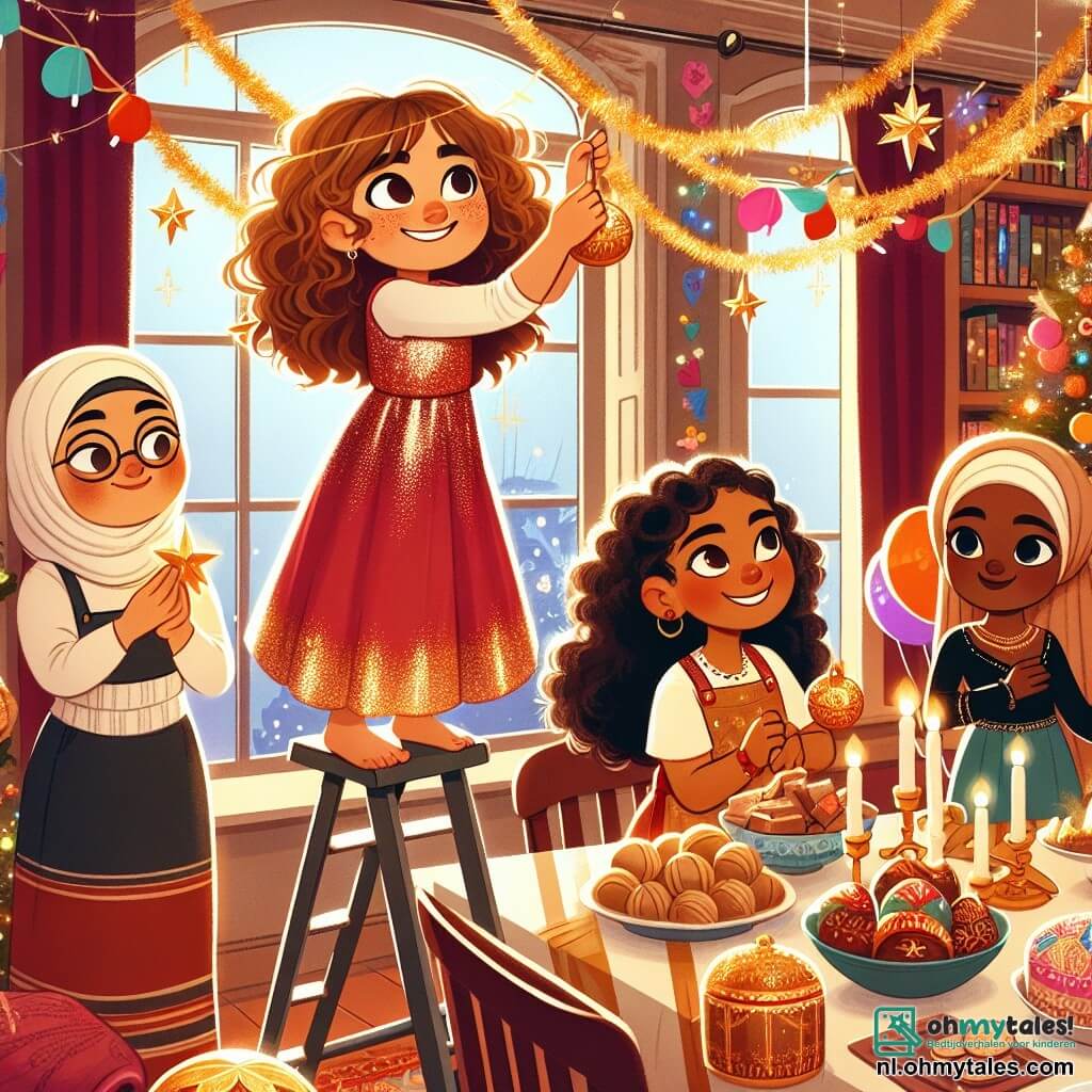 Vier meisjes van ongeveer 10 jaar staan in een gezellige woonkamer die versierd is voor Oud en Nieuw. Emma, een meisje met bruin, krullend haar, draagt een glanzende rode jurk en glimlacht terwijl ze een gouden slinger aan het plafond hangt. Naast haar staat Noor, met blond haar en een bril, op een kleine ladder een fonkelende ster vast te maken aan de bovenkant van een muur. Lisa, met steil kastanjebruin haar, bereidt heerlijke gerechten op een tafel vol lekkernijen, met een blije uitdrukking op haar gezicht. Tot slot danst Sara, een meisje met zwart, krullend haar, vrolijk met een bord oliebollen in haar handen, omringd door kleurrijke ballonnen. 

De woonkamer is gevuld met feestelijke decoraties: kleurrijke ballonnen hangen aan het plafond, glinsterende slingers sieren de muren en een grote tafel staat vol met heerlijke gerechten, wat zorgt voor een vrolijke en gastvrije sfeer. 

De scène toont het moment waarop de meisjes druk bezig zijn met de voorbereidingen voor het Oud en Nieuw-feest, vol enthousiasme en gelach, klaar om hun gasten te verwelkomen en samen te vieren.