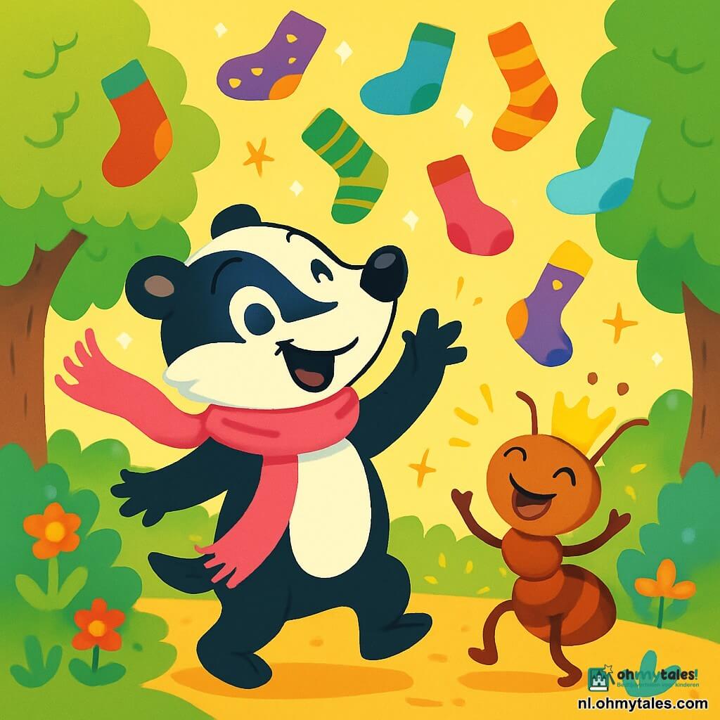 Fiep, een schattige kleine das met zwart-wit vacht, draagt een grote roze sjaal die vrolijk om hem heen danst. Hij heeft sprankelende ogen vol ondeugd en een grote glimlach, terwijl hij enthousiast gekleurde sokken de lucht in gooit, wat een regen van kleuren creëert. Naast hem staat de koningin der mieren, de majestueuze Koningin Zita, klein en glanzend, met een gouden kroon op haar hoofd en trillende antennes. Ze lacht van blijdschap, met haar poten omhoog naar de lucht, omringd door sokken die als confetti vallen. Op de achtergrond creëren weelderige bomen van het Pluizelbos, met heldergroene bladeren en kleurrijke bloemen, een magische sfeer. Lichtflitsen schitteren om hen heen en voegen een feeërieke touch toe aan de scène. De hoofdscène toont Fiep en Koningin Zita die samen vieren, omringd door een regen van multicolore sokken die uit de lucht vallen, terwijl andere dieren, zoals eekhoorns en konijnen, dansen en zich vermaken in de vreugde van deze speciale dag.