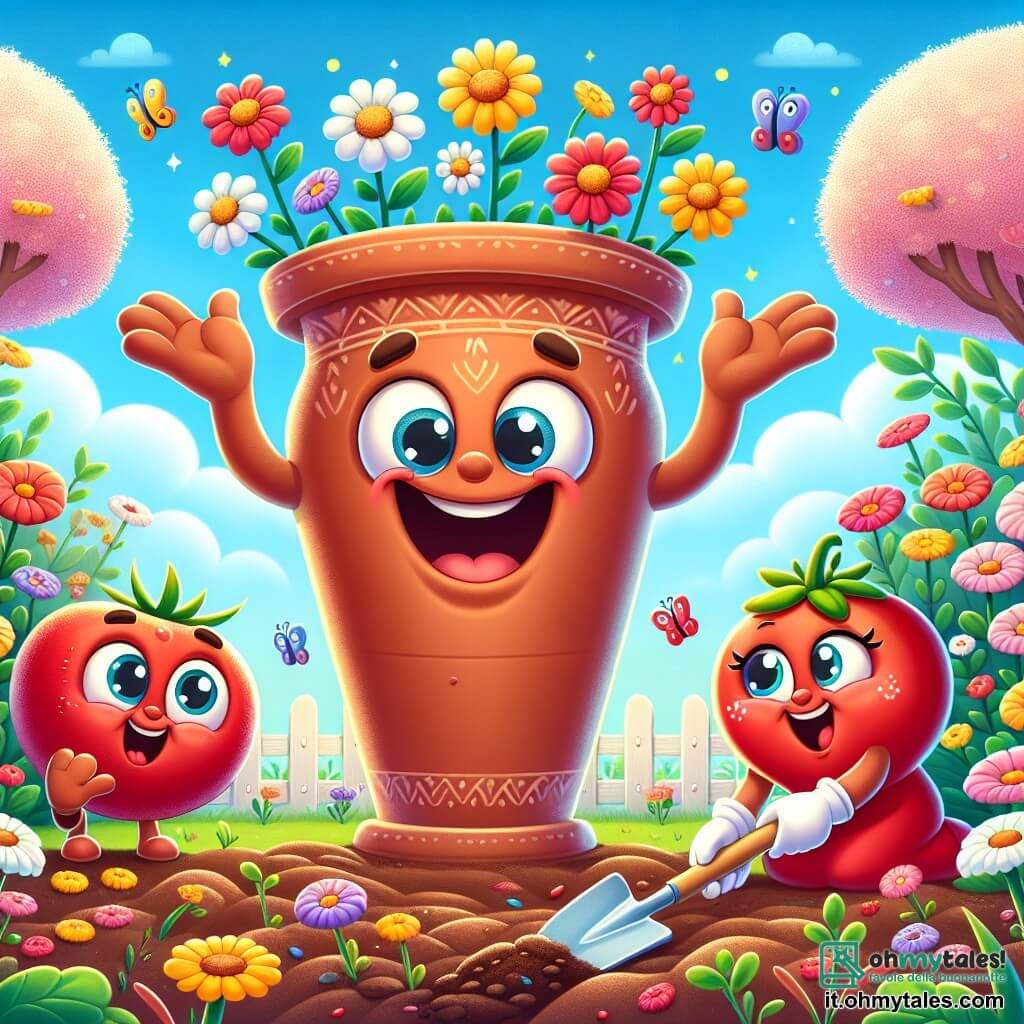 Valentino, un grande vaso di terracotta sorridente, è al centro dell'immagine, con le braccia aperte e un'espressione gioiosa, circondato da fiori colorati che iniziano a sbocciare. Alla sua destra, Mario il Pomodoro, un pomodoro rosso con occhi scintillanti, sta scavando il terreno con entusiasmo, mostrando un grande sorriso. Alla sua sinistra, Bianca la Margherita, una bella margherita con petali bianchi e gialli, si piega per sistemare i fiori, il suo volto radioso di felicità. Sullo sfondo, il giardino è illuminato dalla luce primaverile, con alberi in fiore, farfalle che svolazzano e un cielo azzurro chiaro. La scena mostra Valentino e i suoi amici intenti a preparare il giardino per la festa della primavera, pieni di energia ed eccitazione.