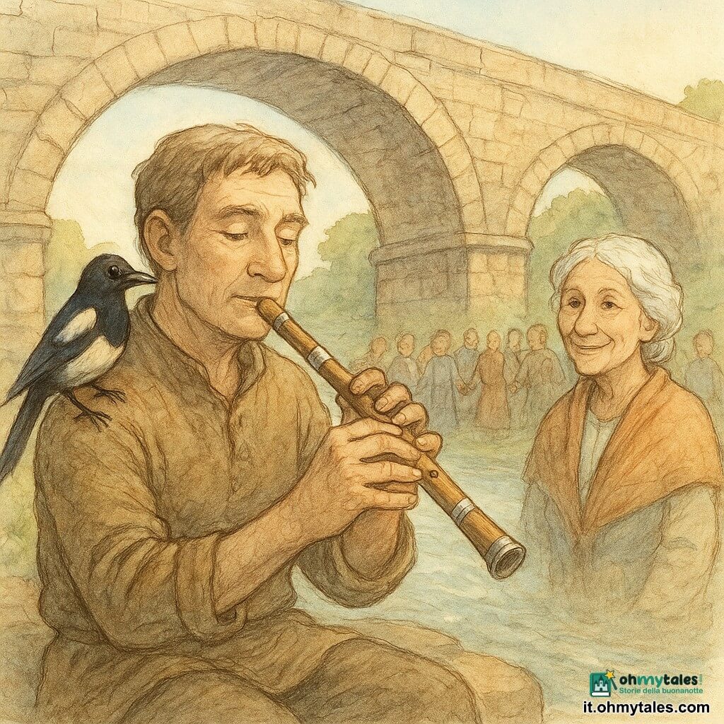 Jin, un uomo di mezza età con occhi gentili e mani piene di calli, è seduto tranquillamente sotto un'arcata del vecchio ponte di pietra, tenendo un flauto di legno e argento, un'espressione di dolce determinazione sul volto. Accanto a lui, Bibi, una gazza birichina, è appollaiata sulla sua spalla, le sue piume nere e bianche brillano sotto la luce del sole. Nonna Yeon, una donna anziana con capelli bianchi come la neve, sta nelle vicinanze, un sorriso benevolo sul volto, osservando Jin con orgoglio. Il ponte di pietra, maestoso e antico, si estende sopra un fiume scintillante, le sue arcate formano ombre danzanti sull'acqua. La scena principale mostra Jin che suona il flauto, una melodia dolce sembra fluttuare nell'aria, mentre gli abitanti del villaggio su entrambe le rive si radunano, ascoltando con meraviglia, unendo le mani in segno di pace ritrovata.