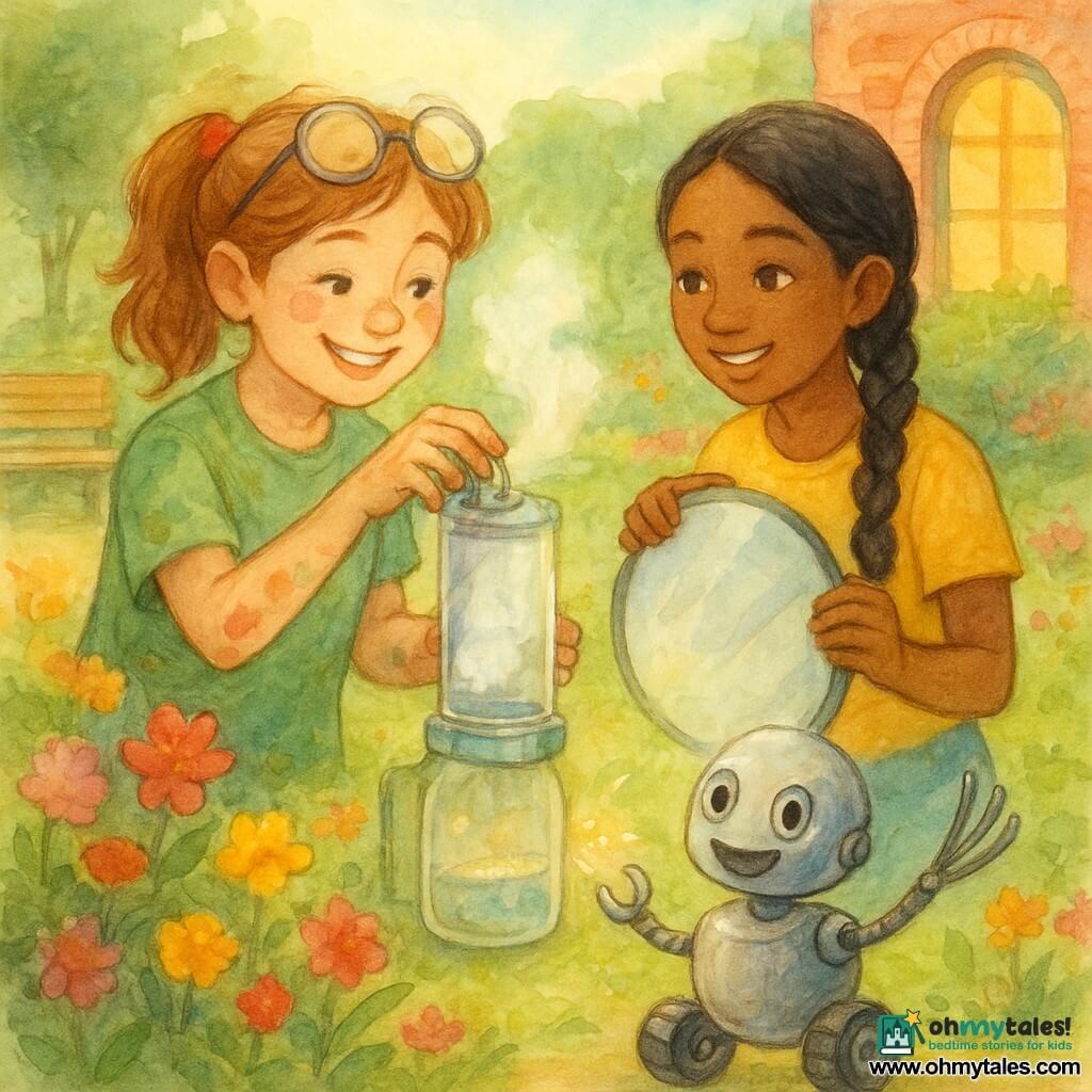 Lila, about 12, a determined young inventor with light brown hair tied with a ribbon, paint- and oil-stained fingers and round glasses on her forehead, adjusts a small transparent device that emits a soft mist while Maya, about 12, helpful, with black braided hair, holds a silver reflector sending light to the machine; Gizmo, a small joyful metal robot shaped like a whisk, rolls in the foreground waving a whisk-arm and throwing friendly sparks; in a sunny university garden of colorful flowerbeds, red brick walls and a large round window letting in a golden beam, their "Cloud-Catcher" collects tiny sparkling droplets into a glass jar as the girls water revived flowers together, the scene collaborative, cheerful and luminous in a soft watercolor palette of pinks, linden greens, warm yellows and touches of sky blue.