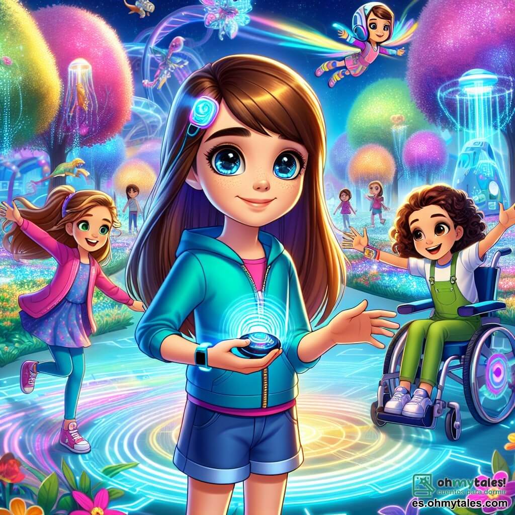 En primer plano, Valeria, una niña de diez años con largos cabellos castaños y ojos llenos de curiosidad, se encuentra en el centro, sonriendo y sosteniendo un pequeño gadget futurista en sus manos. A su derecha, Sofía, otra niña de diez años con cabello rizado y mucha energía, levanta los brazos al aire, llena de entusiasmo. A la izquierda, Lucía, una niña de diez años en silla de ruedas, con cabello liso y una expresión alegre, utiliza un dispositivo de control para activar un pequeño robot que las rodea. En el fondo, el parque de realidad aumentada de Luminosia se extiende majestuosamente, con árboles luminosos y flores coloridas que parecen bailar. Hologramas de dinosaurios y criaturas fantásticas flotan en el aire, mientras niños ríen y juegan alrededor. El cielo es de un azul brillante, salpicado de vehículos flotantes que dejan estelas de luz. La escena principal muestra a las tres amigas presentando su invención, el "Comunicador RoboAmigo", a un grupo de niños y adultos asombrados. La atmósfera es alegre y llena de energía, ilustrando el espíritu de innovación y amistad que reina en esta ciudad futurista.