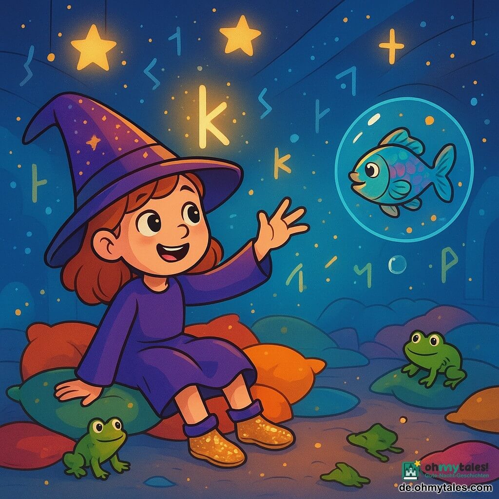 Eine siebenjährige Lehrlingshexe namens Minna sitzt auf einem großen Haufen weicher Kissen, ihr Gesicht strahlt vor Staunen. Sie trägt einen leicht schiefen spitzen Hut, verziert mit glitzernden Pailletten, und ihre Schuhe funkeln magisch. Ihre Augen leuchten vor Neugier, während sie ihren Arm zu einer leuchtenden Rune ausstreckt, die in der Luft tanzt. Neben ihr schwebt Fridolin, ein kleiner magischer Fisch, in einer Seifenblase, seine schillernden Schuppen reflektieren die lebhaften Farben des Raumes. Er spritzt fröhlich und verleiht der Szene einen Hauch von Verrücktheit. Die Szenerie spielt in einem weitläufigen verzauberten Saal, wo funkelnde Sterne wie Laternen von der Decke hängen. Die Wände sind mit leuchtenden Runen geschmückt, die in der Luft schweben und eine märchenhafte, fröhliche Atmosphäre schaffen. Bunte Kissen liegen verstreut, und Lichtblitze tanzen überall und verstärken die magische Stimmung. Minna versucht, eine fröhlich wackelnde Rune zu lesen, während kleine Frösche um sie herumhüpfen und eine verspielte, bezaubernde Atmosphäre schaffen. Lachen und magische Blasen erfüllen die Luft und machen diesen Moment sowohl unterhaltsam als auch fesselnd.