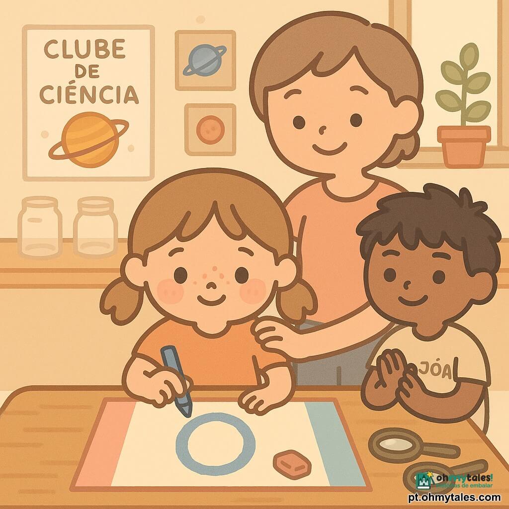 Menina de 8 anos, cabelo castanho em rabo de cavalo, rosto redondo com sardas, expressão tímida e orgulhosa, segura um marcador azul e escreve numa grande cartaz deixando um "o" muito grande visível; mulher adulta, professora de 30–40 anos, cabelo curto e sorriso suave, ao lado da mesa com a mão no ombro da menina em gesto tranquilizador; menino de 8 anos (João), cabelo preto bagunçado e olhar malicioso mas afetuoso, sentado um pouco atrás a aplaudir discretamente; sala do Clube de Ciências com grande mesa de madeira, frascos vazios, lupas, posters de planetas, planta no parapeito, luz quente e sombras suaves; cena centrada no cartaz colorido e no "o" visível, borracha gasta ao lado, atmosfera calma em cores pastel e formas arredondadas.