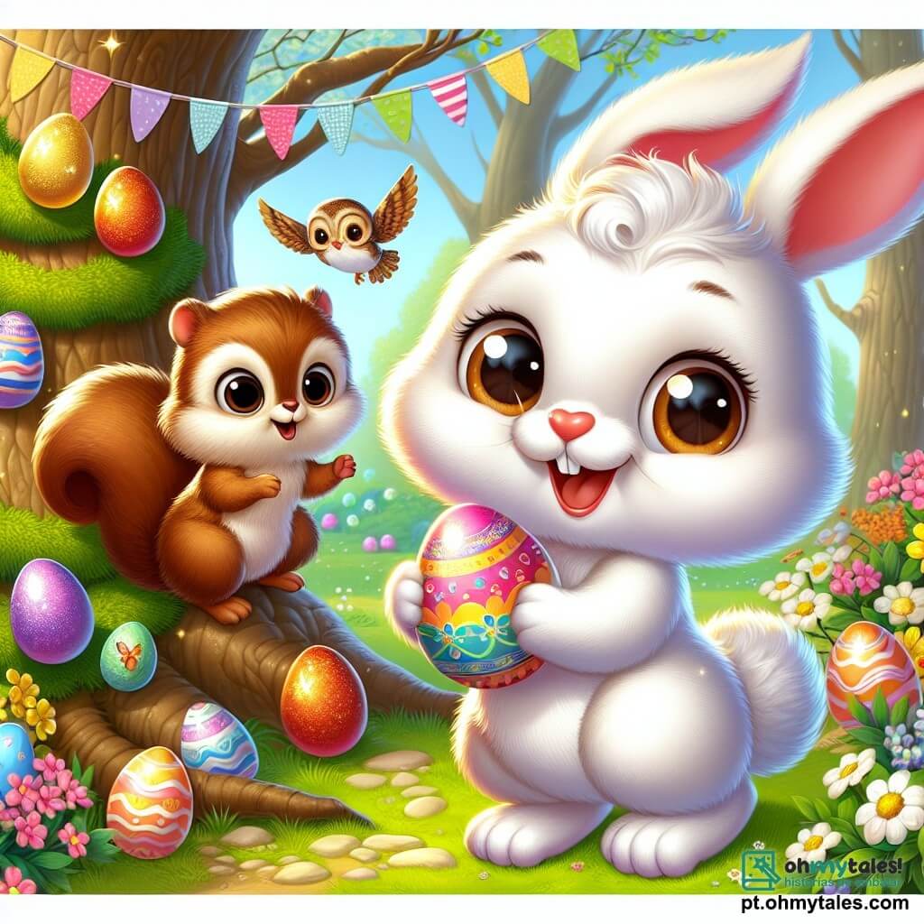 No centro da imagem, Pipo, um travesso coelhinho branco com grandes orelhas e pelagem macia, expressa uma alegria radiante segurando um ovo colorido nas patas. Seus olhos brilham de excitação e seu sorriso irradia felicidade diante de uma linda árvore de Páscoa, decorada com fitas coloridas e ovos cintilantes. À sua direita, Lili, uma sábia coruja de penas marrons e grandes olhos redondos, observa admirada, empoleirada em um galho baixo. À esquerda, Tico, um esquilo ágil de pelagem ruiva, pula de alegria, seus olhos brilhando de entusiasmo enquanto pega um ovo brilhante que caiu no chão. O cenário é uma clareira ensolarada do Bosque Encantado, cercada por flores coloridas e árvores majestosas, onde a luz do sol filtra pelas folhas, criando uma atmosfera mágica e alegre. A cena principal mostra Pipo e seus amigos celebrando a descoberta de um tesouro de Páscoa, rodeados de risos e cores, prontos para compartilhar momentos de felicidade e amizade.