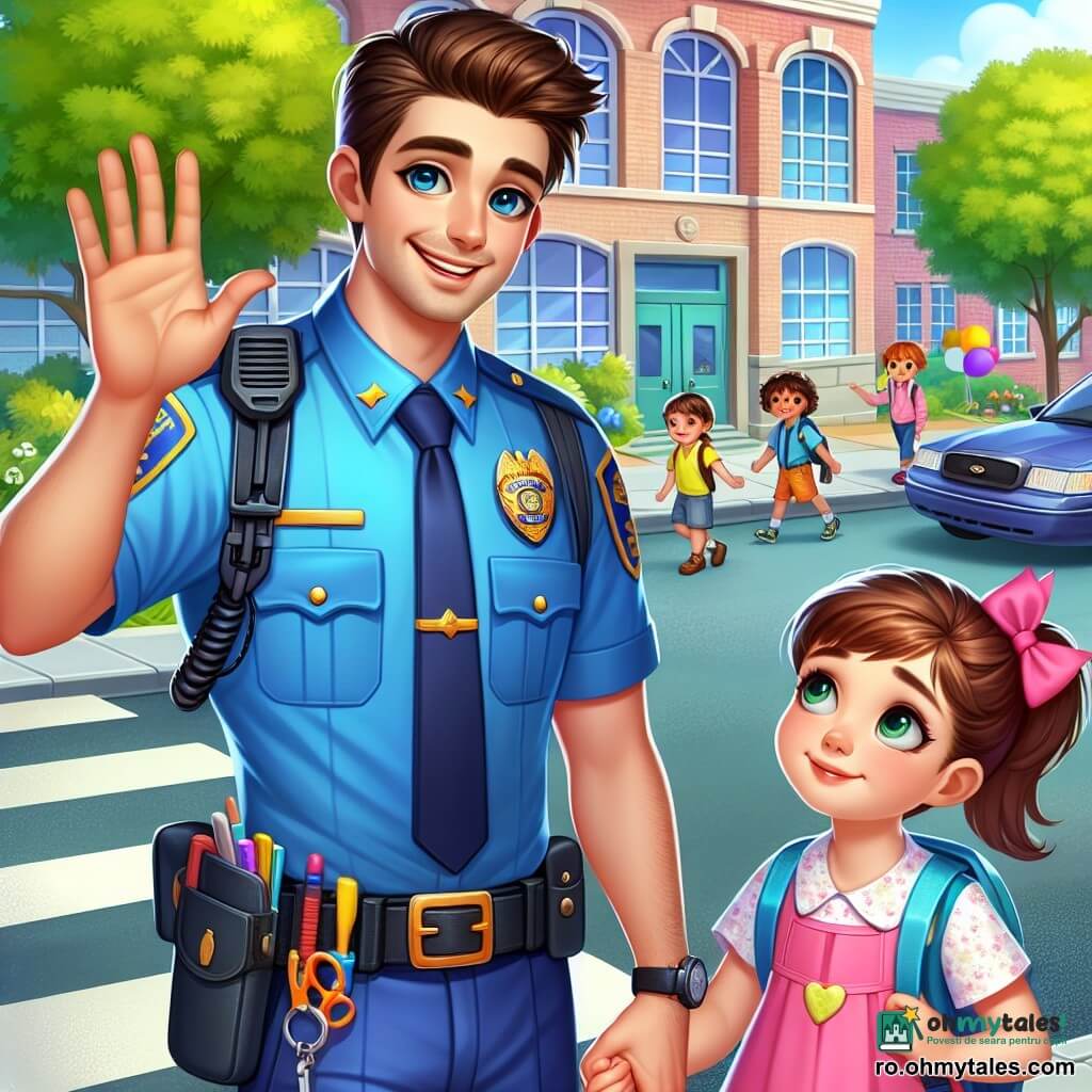 Un polițist zâmbitor, un bărbat de aproximativ treizeci de ani, poartă o uniformă albastră și o curea cu unelte de siguranță. Părul său brun este pieptănat înapoi, iar ochii îi strălucesc de bunătate. Se află lângă o școală, ridicând mâna pentru a ajuta copiii să traverseze strada în siguranță, cu o expresie caldă și liniștitoare. Lângă el, o fetiță de 7 ani, îmbrăcată într-o rochie roz cu o fundă mare în păr, îl privește cu admirație. Ea ține de mână un băiețel de 6 ani, care poartă un tricou albastru și pantaloni scurți. Băiețelul zâmbește timid, observând scena cu curiozitate. Locul este o stradă animată în fața școlii, cu copaci verzi de fiecare parte, mașini parcate și copii jucându-se pe trotuar. Baloane colorate plutesc în aer, adăugând o notă festivă atmosferei. Situația principală arată polițistul ghidând copiii pentru a traversa strada în siguranță, ilustrând importanța prevenției și siguranței rutiere, creând totodată un moment vesel și educativ.