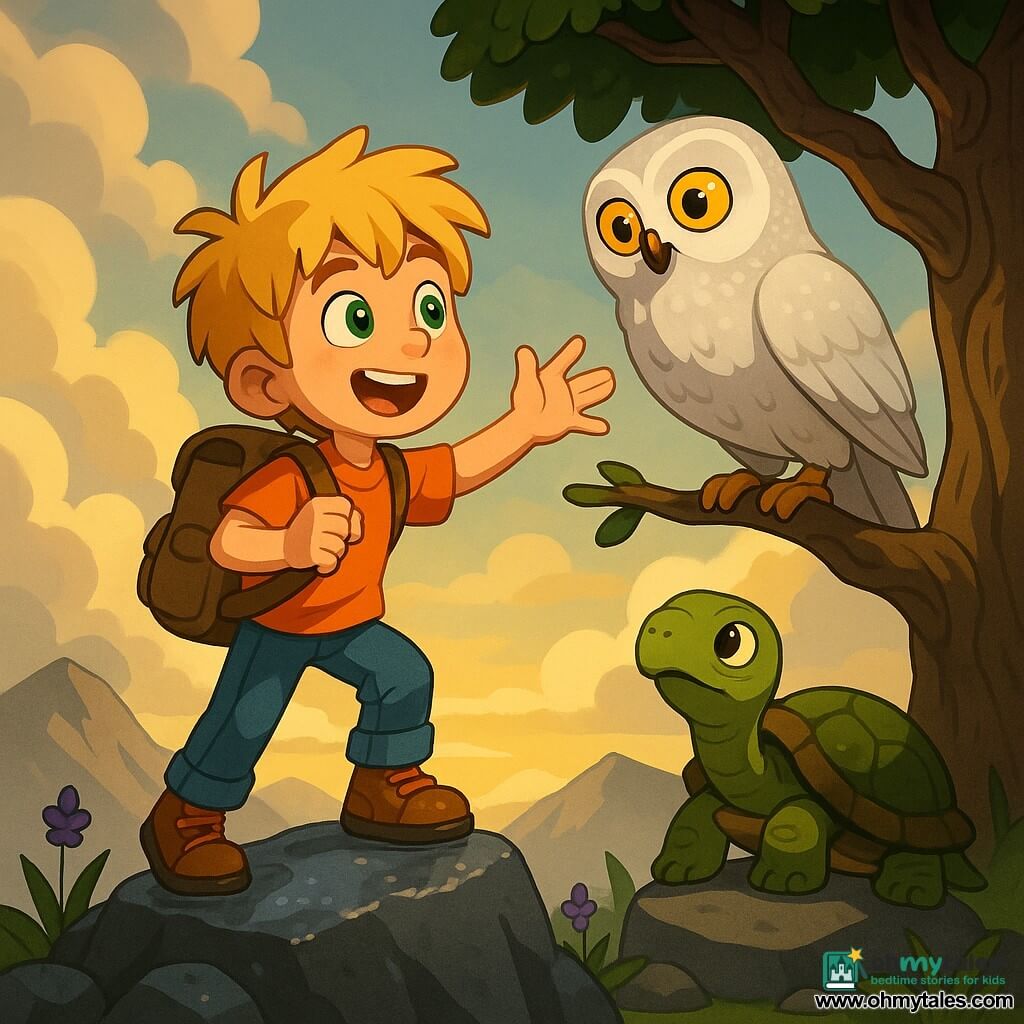An 8-year-old blond boy with messy hair and bright green eyes, smiling and brave, holds a canvas backpack and reaches toward a white owl; he stands on a wet rock atop a mountain. The white owl with large golden eyes and slightly shimmering textured plumage perches on a thick branch of an ancient oak to his right, head tilted as if speaking. A wise old tortoise with a green-brown mossy shell sits on a lower rock to his left watching. The summit has clouds parting into golden rays, rough gray rocks, tall grass and purple wildflowers in the wind. The scene feels adventurous and gentle, with warm late-afternoon light, saturated colors, strong cel-shaded contrasts and sharp shadows; medium shot, slight low angle to emphasize the mountain.