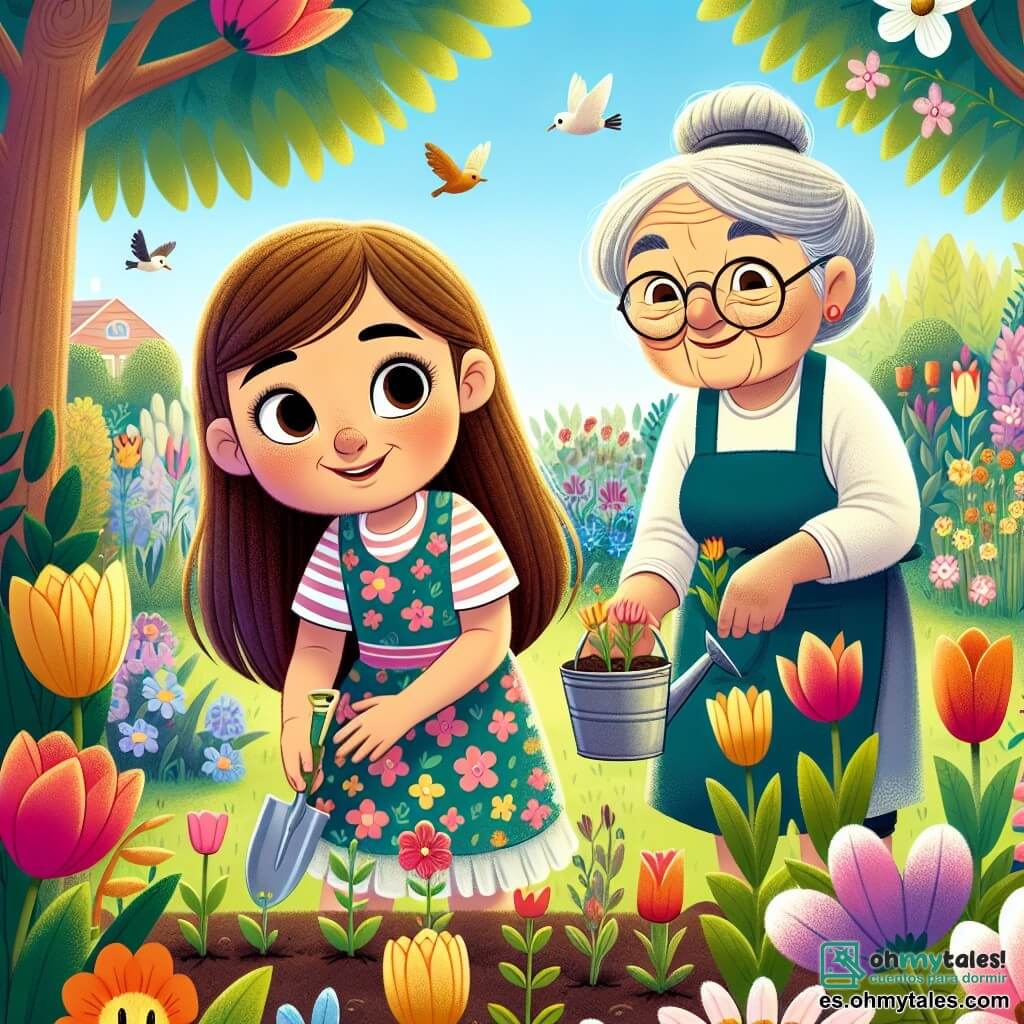 Una niña de 12 años, Lucía, con largos cabellos castaños y ojos brillantes de curiosidad, se encuentra en medio de un jardín colorido, con una gran sonrisa iluminando su rostro. Lleva un vestido de flores y está plantando semillas en un suelo fértil, rodeada de tulipanes y margaritas brillantes. A su lado, su abuela, una mujer de unos 70 años, con cabello gris recogido y gafas redondas, la observa con orgullo. Lleva un delantal de jardinería y sostiene una pequeña pala, lista para ayudarla. El jardín es un verdadero cuadro viviente, con flores de todos los colores, abejas zumbando y pájaros cantando sobre ellos. La situación principal muestra a Lucía y su abuela plantando flores juntas, simbolizando el vínculo entre generaciones y el amor por la naturaleza, en un ambiente alegre y primaveral.
