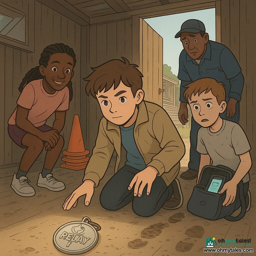 A boy, Evan, about 12–13, focused face and piercing gaze, tousled brown hair, light khaki jacket, crouches beside a silver relay medallion on the dusty floor, hand extended without touching, determined and calm; a girl, Maya, about 12, braided hair, alert but worried smile, stands behind Evan to the left with hands clasped on her knees, eyes fixed on the medallion ready to intervene; a boy, Tyler, about 13, pale and anxious in a wrinkled sports T‑shirt, stands to the right slightly back, jaw clenched, watching an open pouch with a vibrating phone; Mr. Dalloway, in his fifties, in a blue janitor uniform with cleaning‑stained hands, hunched and guilty, stands in the background near the shed door, downcast but worried; setting: small equipment shed behind the bleachers with a worn wooden floor, dusty corners, stacked orange cones, gray light through a skylight and muddy footprints to the door; main situation: tense discovery of the silver relay medallion on the floor, a phone vibrating with a visible message, subtle suspense—focused gazes, palpable tension, tight composition around the medallion.