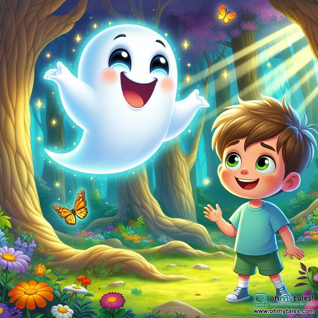 A little ghost named Glimmer floats joyfully in the air, with a bright smile and sparkling mischievous eyes. His translucent body glows softly, and he has tiny shimmering wings like butterflies. Glimmer is showing something exciting to Oliver. 

Oliver, an eight-year-old boy with messy brown hair, wears a blue t-shirt and green shorts. He stands wide-eyed with surprise and joy, holding a colorful balloon in his hands. He is next to Glimmer, marveling at the scene around them.

The scene takes place in an enchanted clearing in the Whispering Woods, where tall, gnarled trees surround a shimmering pond. Colorful flowers and fireflies dance in the air, creating a magical atmosphere as sunlight filters through the dense foliage.

Glimmer and Oliver discover the heart of the forest together, a glowing crystal on an old wooden table surrounded by dusty books. Glimmer's expression is full of excitement as Oliver approaches the crystal, awed by its beauty and brilliance.