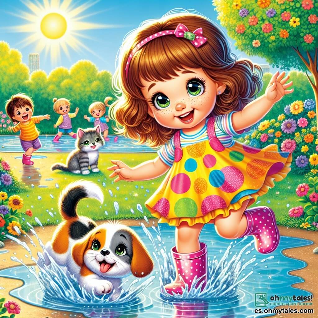 Una niña de 1 año, con grandes ojos brillantes y cabello rizado castaño, ríe mientras salta en un gran charco de agua. Lleva un vestido colorido con lunares y botas de goma rosas. A su lado, un pequeño perro beagle, con orejas caídas y pelaje manchado, se sacude tras caer al agua, mostrando una expresión divertida. Un gatito gris con ojos verdes, y una pequeña cola en forma de penacho, observa desde un poco más atrás, listo para saltar en otro charco, con aire curioso. El escenario es un parque soleado, lleno de flores coloridas y árboles verdes, con varios charcos brillantes bajo el sol. Al fondo, niños juegan y ríen, añadiendo una atmósfera alegre a la escena. La situación principal muestra a la niña, el perro y el gatito divirtiéndose juntos, salpicando agua a su alrededor, creando un ambiente de felicidad y camaradería.