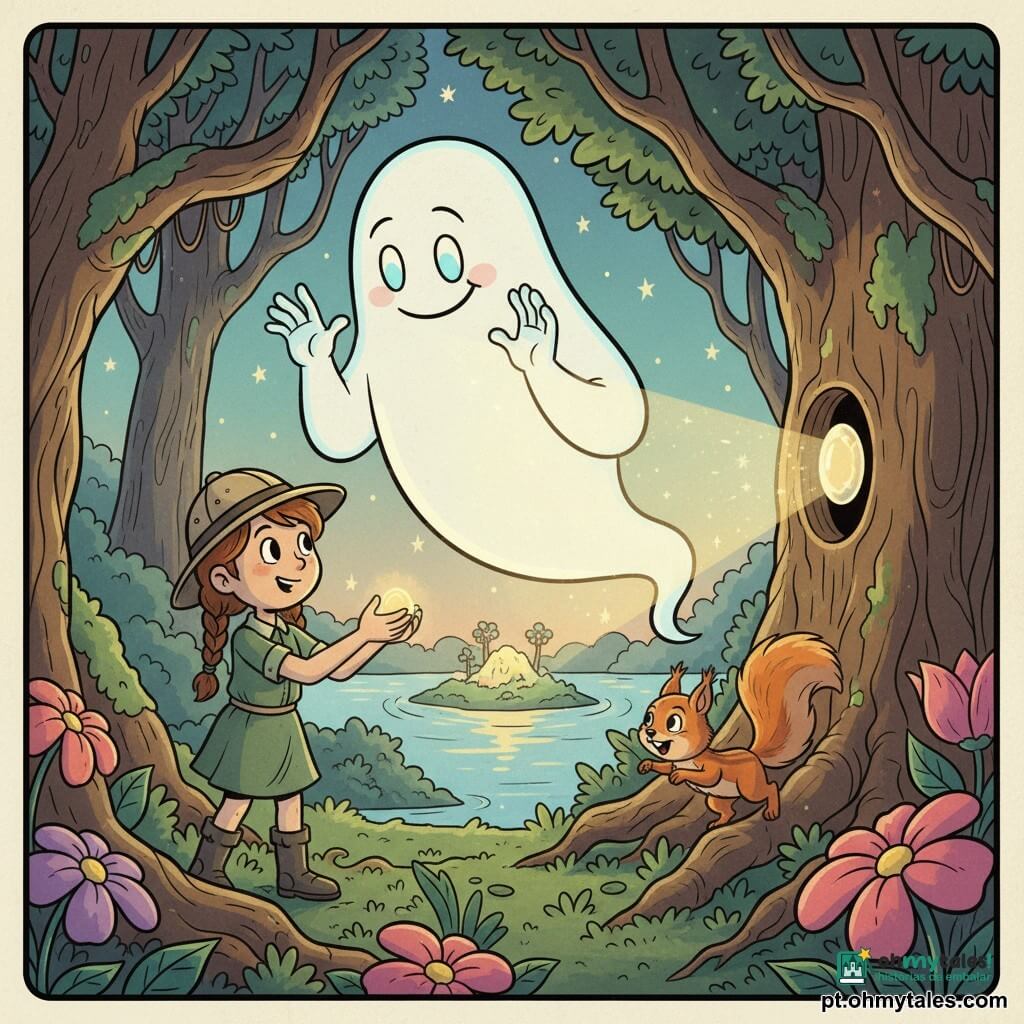 Fantasma Sir Hugo, guardião do pântano, flutua ao centro: forma translúcida branca de bordas suaves, sorriso benevolente e olhos azul-pálido, expressão serena; Lúcia, menina de 9 anos com cabelo castanho em trança, chapéu de exploradora, vestido verde e botas enlameadas, segura a Pedra da Harmonia e a oferece à cavidade do velho carvalho, decidida e maravilhada, à frente à esquerda; Tico, pequeno esquilo ruivo de pelagem macia e cauda farta, salta numa raiz perto de Lúcia, olhar alegre voltado ao fantasma; cenário: pântano mágico ao crepúsculo com árvores retorcidas cobertas de musgo, raízes grossas, flores gigantes fosforescentes, água espelhada refletindo estrelas e uma ilha luminosa ao longe; momento: devolução da Pedra da Harmonia com luz suave saindo da pedra e feixes dourados envolvendo os personagens, atmosfera mística e acolhedora; estilo gráfico: traços arredondados e fluidos, sombras simples, textura de papel antigo, paleta quente com toques de ciano e magenta para o efeito mágico.